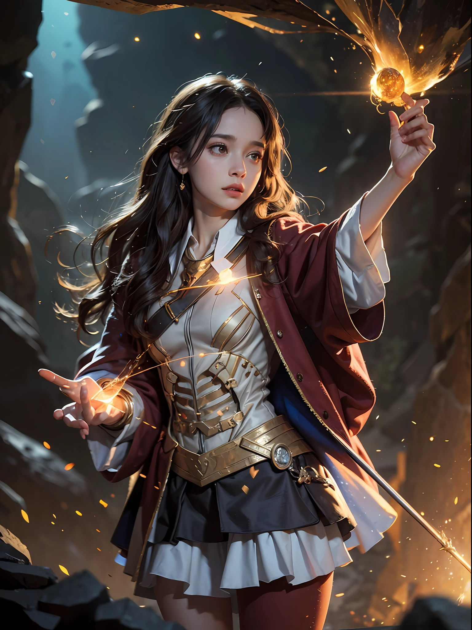 1girl, solo focus, child,  Hermione Granger，realistic， in long hogwarts robes， casting a spell, waving her wand with golden particle effects, lumos maxima against a skeleton soldier in a dark cave, cinematic lighting, trending on ArtStation, by Irakli Nadar, Greg Rutkowski，(((best quality))),(((ultra detailed))),(((masterpiece)))