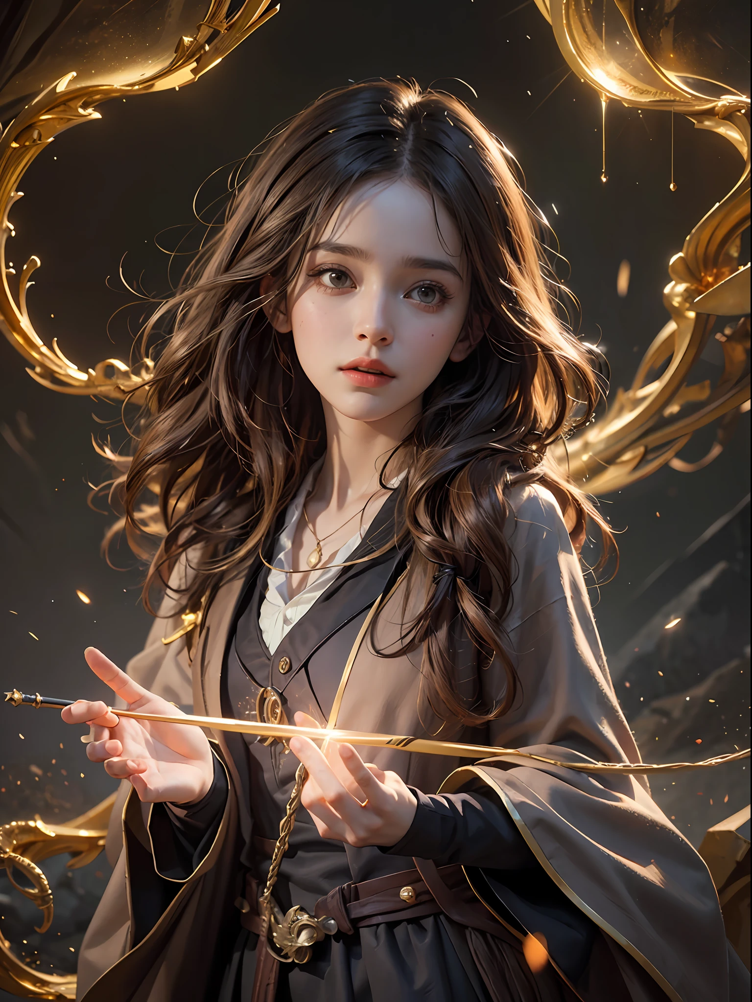 1girl, solo focus, child,  Hermione Granger，realistic， in long hogwarts robes， casting a spell, waving her wand with golden particle effects, lumos maxima against a skeleton soldier in a dark cave, cinematic lighting, trending on ArtStation, by Irakli Nadar, Greg Rutkowski，(((best quality))),(((ultra detailed))),(((masterpiece)))