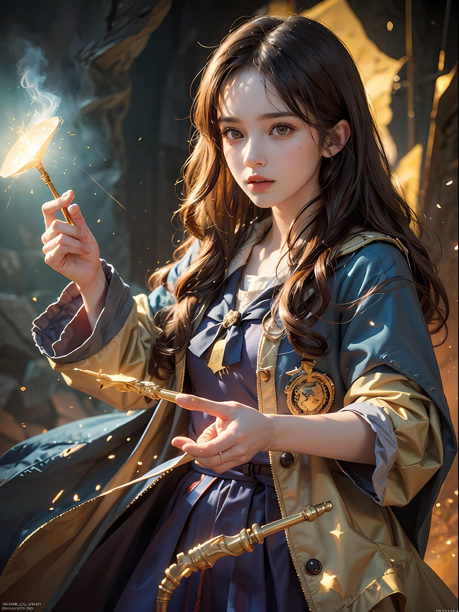 1girl, solo focus, child,  Hermione Granger，realistic， in long hogwarts robes， casting a spell, waving her wand with golden particle effects, lumos maxima against a skeleton soldier in a dark cave, cinematic lighting, trending on ArtStation, by Irakli Nadar, Greg Rutkowski，(((best quality))),(((ultra detailed))),(((masterpiece)))