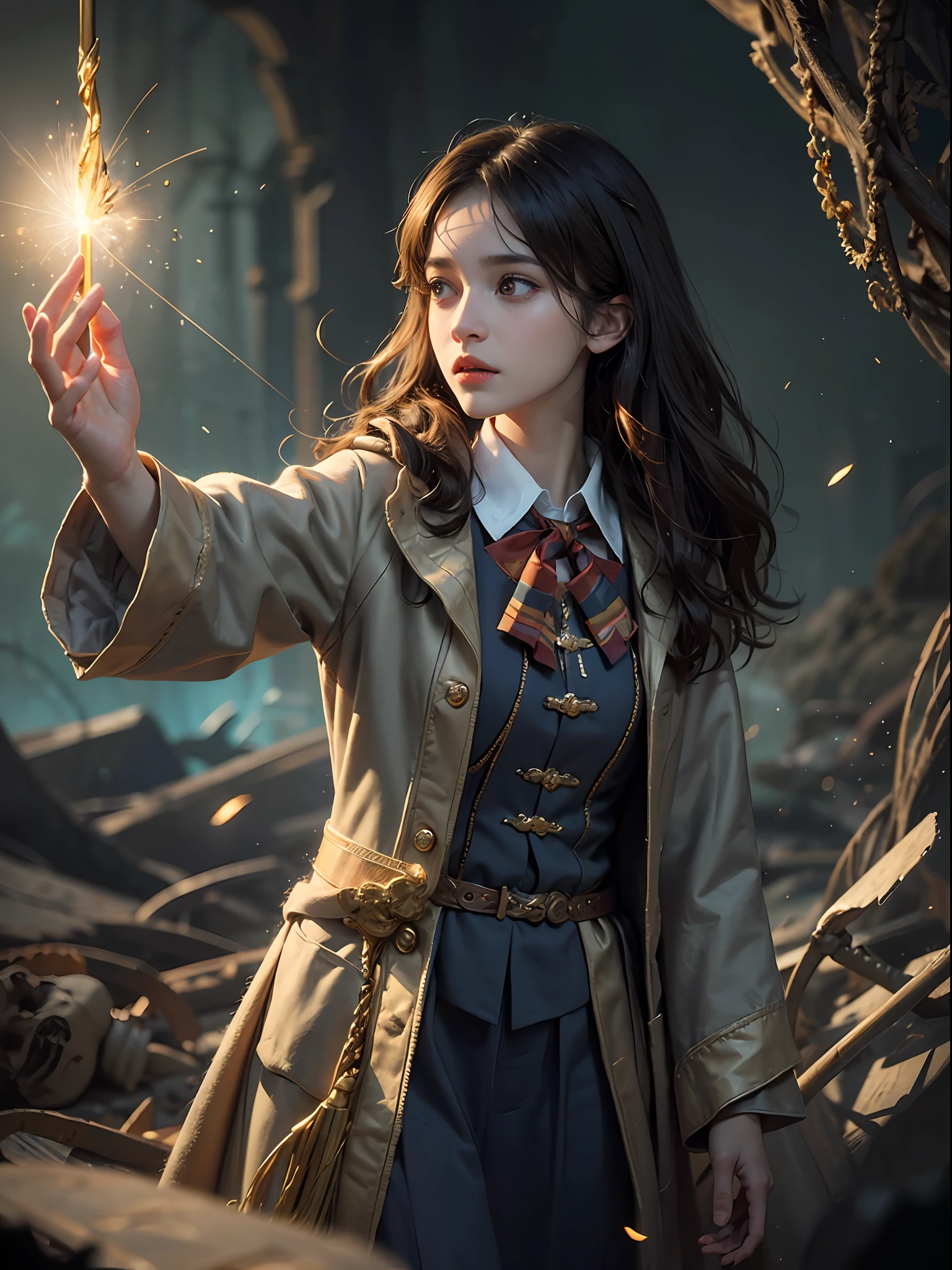 1girl, solo focus, child,  Hermione Granger，realistic， in long hogwarts robes， casting a spell, waving her wand with golden particle effects, lumos maxima against a skeleton soldier in a dark cave, cinematic lighting, trending on ArtStation, by Irakli Nadar, Greg Rutkowski，(((best quality))),(((ultra detailed))),(((masterpiece)))