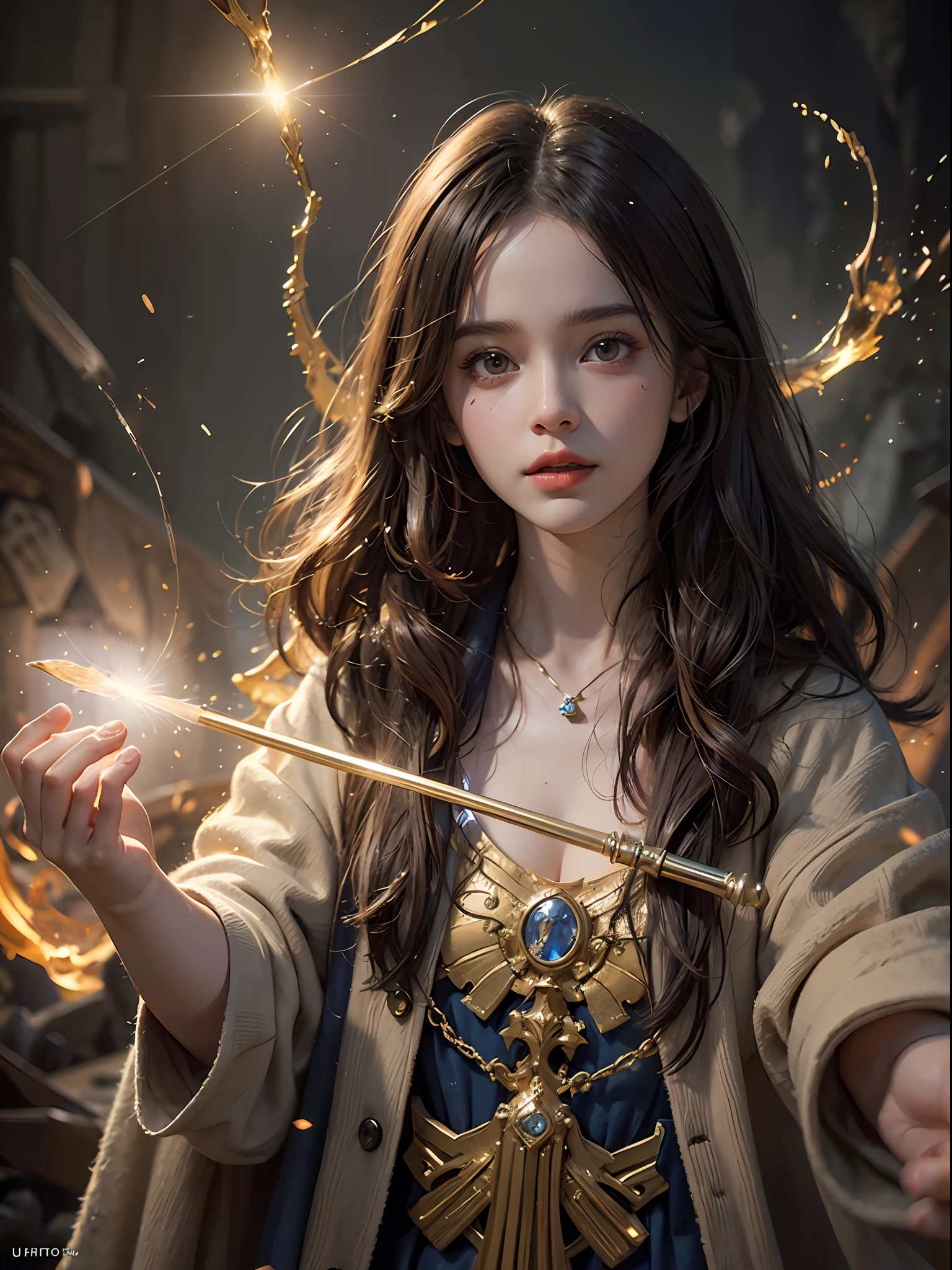 1girl, solo focus, ,  Hermione Granger，realistic， in long hogwarts robes， casting a spell, waving her wand with golden particle effects, lumos maxima against a skeleton soldier in a dark cave, cinematic lighting, trending on ArtStation, by Irakli Nadar, Greg Rutkowski，(((best quality))),(((ultra detailed))),(((masterpiece)))