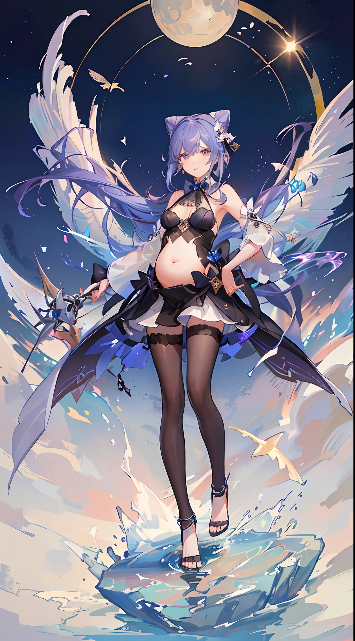 Butterflies,a whole body,(Detailed face:1.2),((Tarot card realm)),The portrait is centered,Guest Secretary(genshin impact),hair in top bun,Purplehair,Double ponytail,Purple eyes,Exposed shoulder,A barefoot,hair ornament,cone hair bun,long haired,twin bun hair,hair bangs,Bow,Flowering,hair bow,hairtie,black pantyhose,mid breasts,dressing gown,Magic robes,perfectbody,tiese,(Mature woman),lightening,pleatedskirt,( ((masterpiece))), bestquality, (beautifuldetailedgirl), beautifuldetailedglow, detailedice, beautifuldetailedwater, (beautifuldetailedeyes), Expressionlessly, (floatingpalaces), azurehair, dishiveredhair, longbangs, hairsbetweeneyes, blackribbon, whitebowties, midriff, {{{halfclosedeyes}}} , bigforhead, blooms, Tonalism, cinematiclight, flashes of light, illustration, high detailes, super detaill, awarding winning, best possible quality, high qulity, 8k,Beth,pregnant belly