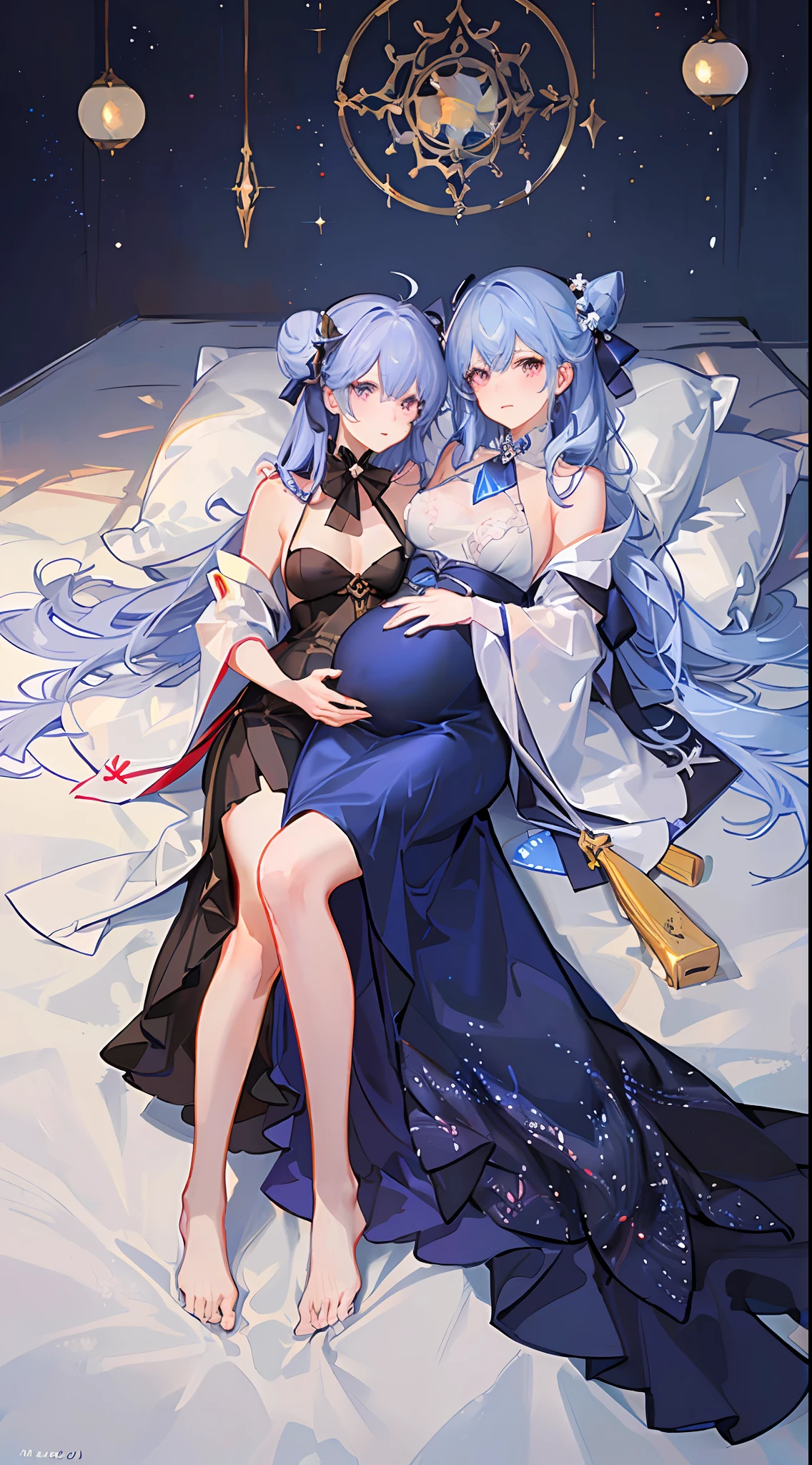 Butterflies,a whole body,(Detailed face:1.2),((Tarot card realm)),The portrait is centered,Guest Secretary(genshin impact),hair in top bun,Purplehair,Double ponytail,Purple eyes,Exposed shoulder,A barefoot,hair ornament,cone hair bun,long haired,twin bun hair,hair bangs,Bow,Flowering,hair bow,hairtie,black pantyhose,mid breasts,dressing gown,Magic robes,perfectbody,tiese,(Mature woman),lightening,pleatedskirt,( ((masterpiece))), bestquality, (beautifuldetailedgirl), beautifuldetailedglow, detailedice, beautifuldetailedwater, (beautifuldetailedeyes), Expressionlessly, (floatingpalaces), azurehair, dishiveredhair, longbangs, hairsbetweeneyes, blackribbon, whitebowties, midriff, {{{halfclosedeyes}}} , bigforhead, blooms, Tonalism, cinematiclight, flashes of light, illustration, high detailes, super detaill, awarding winning, best possible quality, high qulity, 8k,Beth,pregnant belly