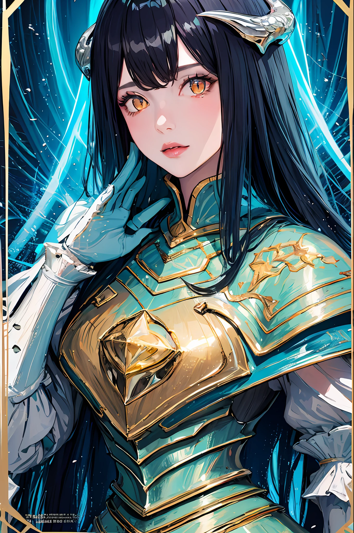(masterpiece, top quality, best quality, official art, beautiful and aesthetic:1.2), cateyes,1girl, solo, armour, magic, light particles, upper body, extreme detailed, highest detailed, optical mixing, playful patterns, lively texture, unique visual effect