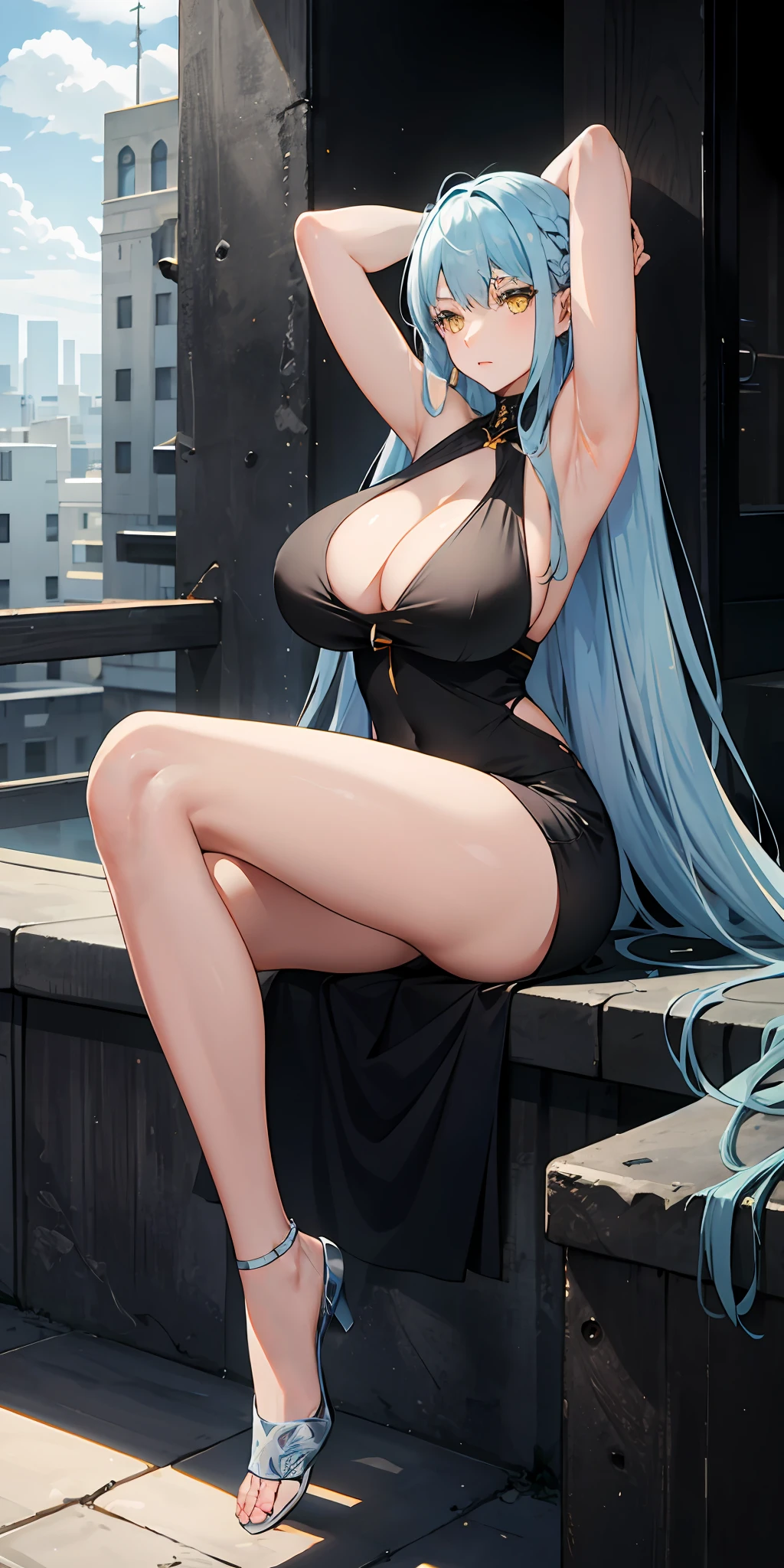 Light blue hair, yellow eyes, long hair, massive boobs, legs, armpits, thigh, casual dress, in building, sitting, arms up