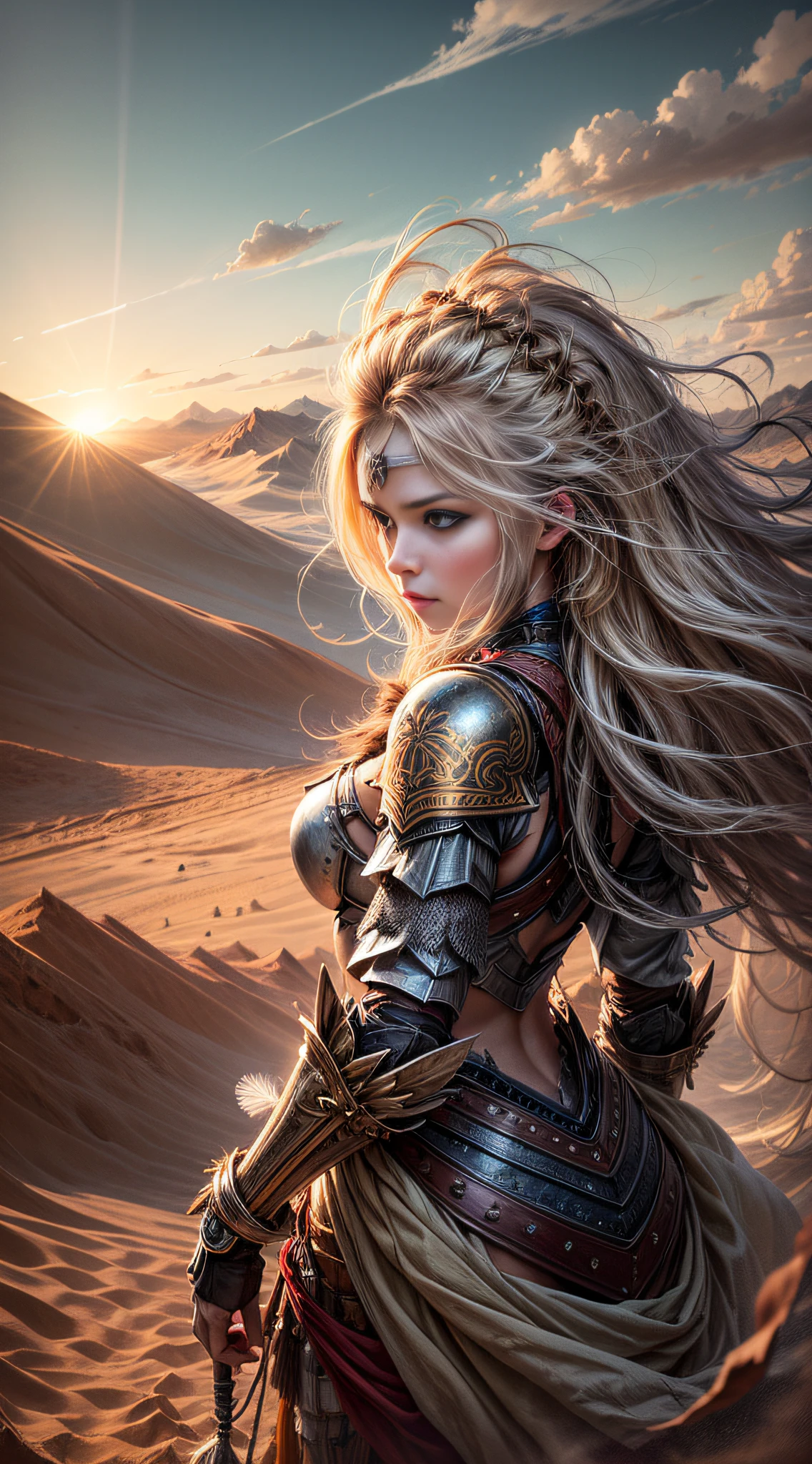 A courageous warrior girl with flowing golden locks, dressed in weathered leather armor adorned with feathers and tribal symbols. She stands on the edge of a cliff overlooking a vast desert landscape, with swirling sand dunes stretching as far as the eye can see. The sun hangs low in the sky, casting a warm orange glow over the scene. The wind whips through the warrior girl's hair, carrying with it the whispers of distant adventures. In the distance, a magnificent sandstorm looms, adding an element of danger and excitement to the atmosphere. The image is a painting executed with rich earthy tones and textured brushstrokes,