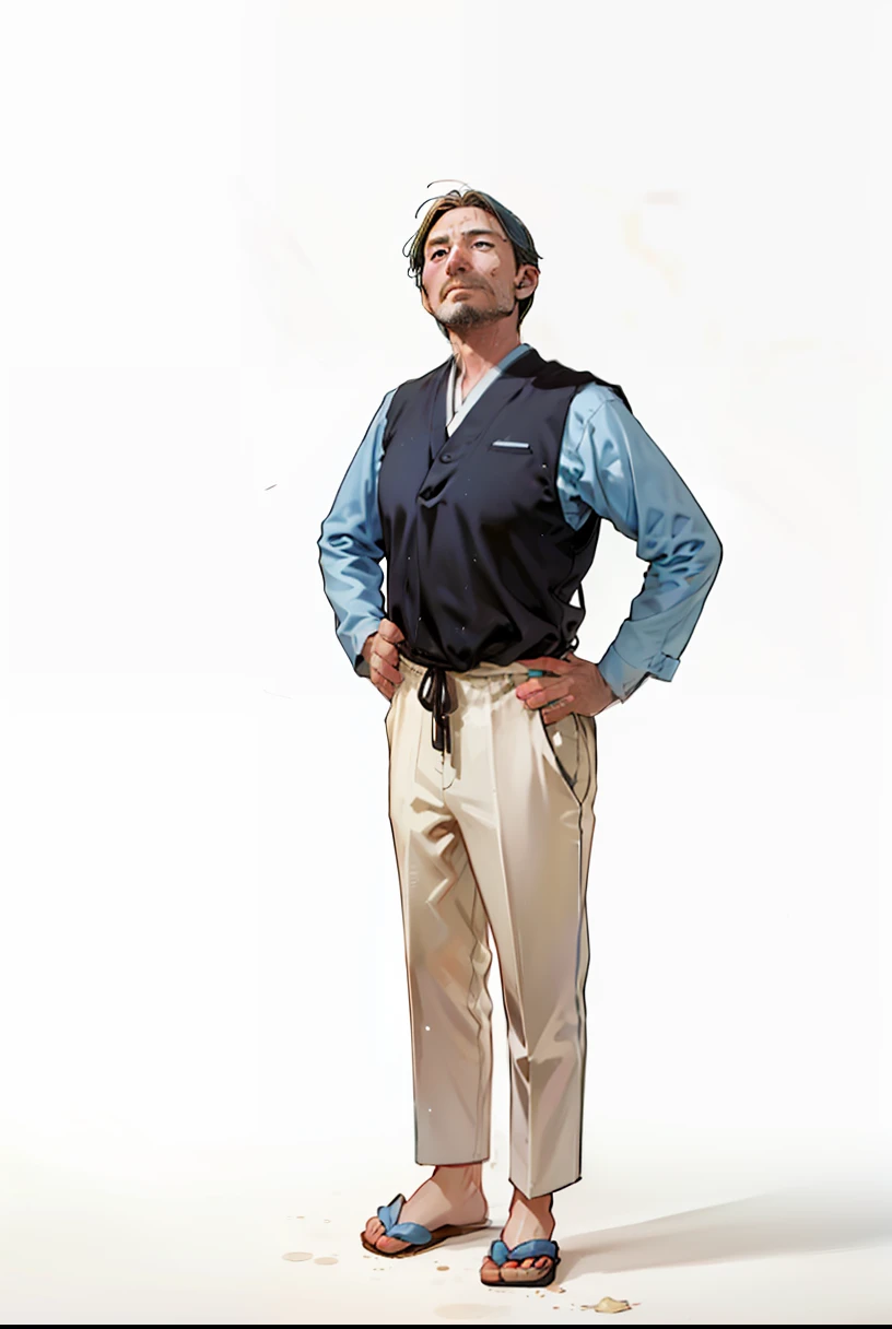 40-year-old man, japones, ojos de sapo, cara triste, feo, manchas de grasa en la ropa, piel brillante y sudorosa, sudor, pies grandes