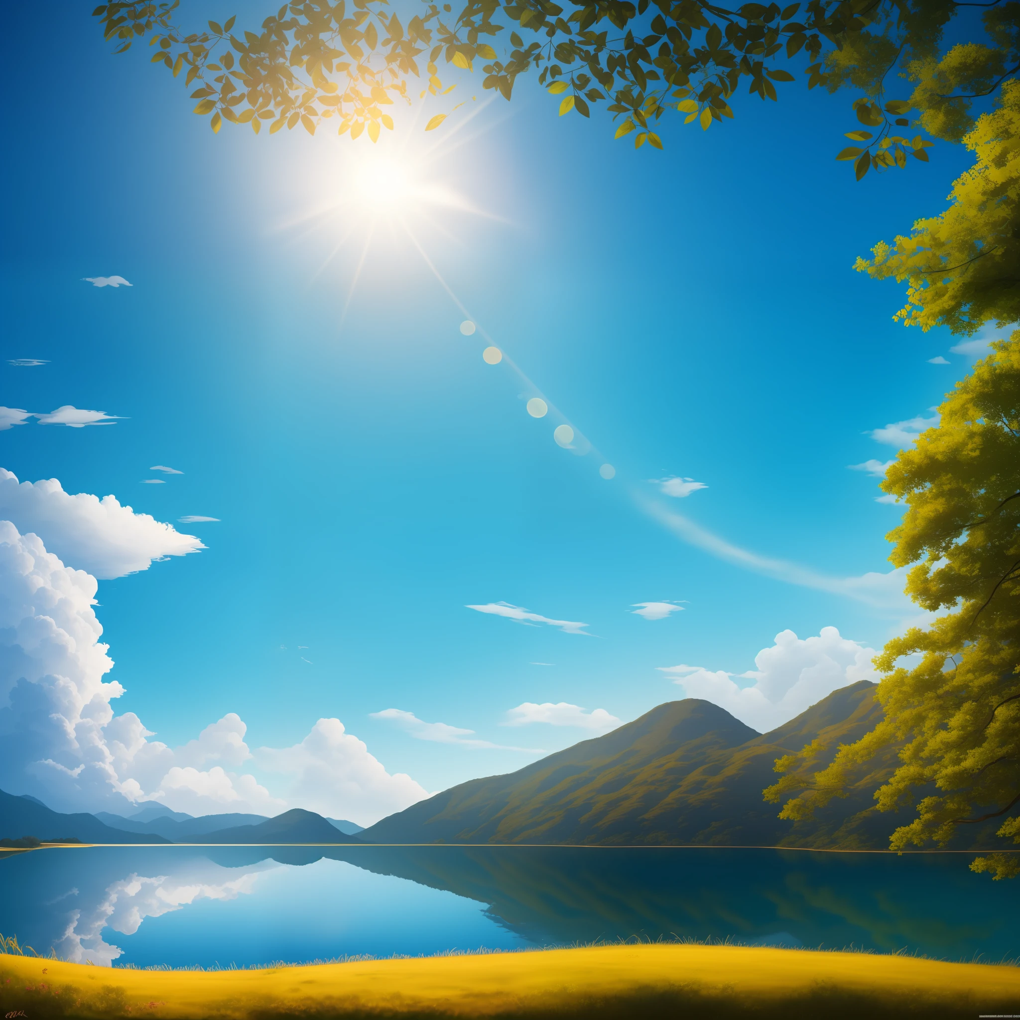 "((Masterpiece)), melhor qualidade, ultrarrealista, high resolution 4k wallpaper of a beautiful nature scene with blue sky, sunlight, nuvem em forma de 'Bom dia', realistic and detailed representation of the scene."