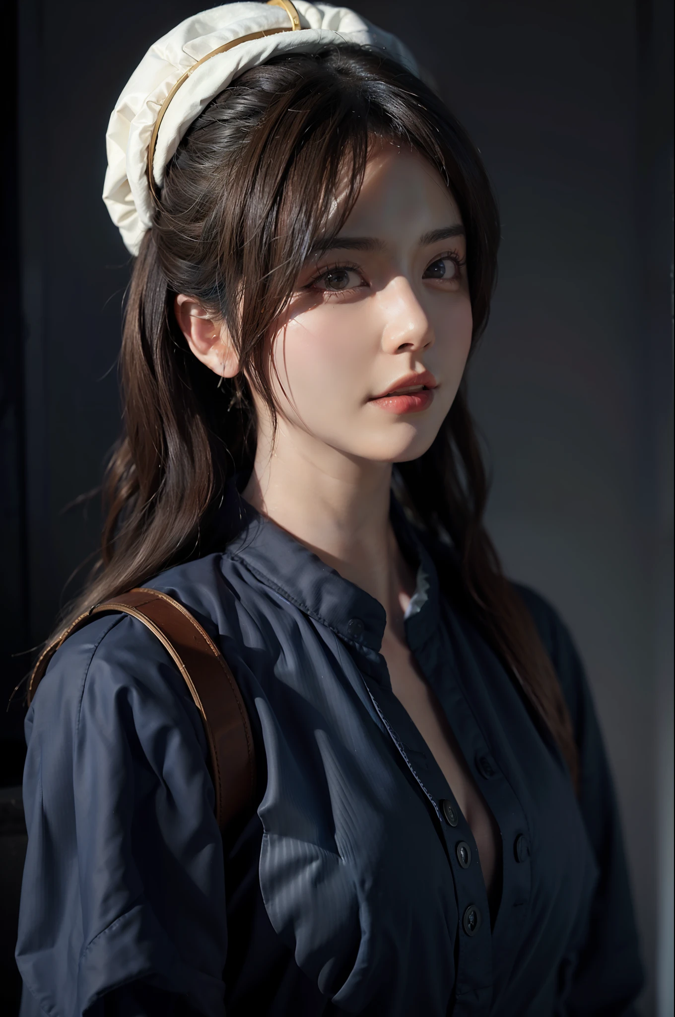 Hyperrealist portrait of female by david hockney and alphonse mucha,fantasy art, photo realistic, dynamic lighting, artstation, poster, volumetric lighting, very detailed faces, 4 k, award winning,, 1girl, in the dark, deep shadow, low key,cowboy shot,(official clothing:1.4) ,long hair,white hair,
