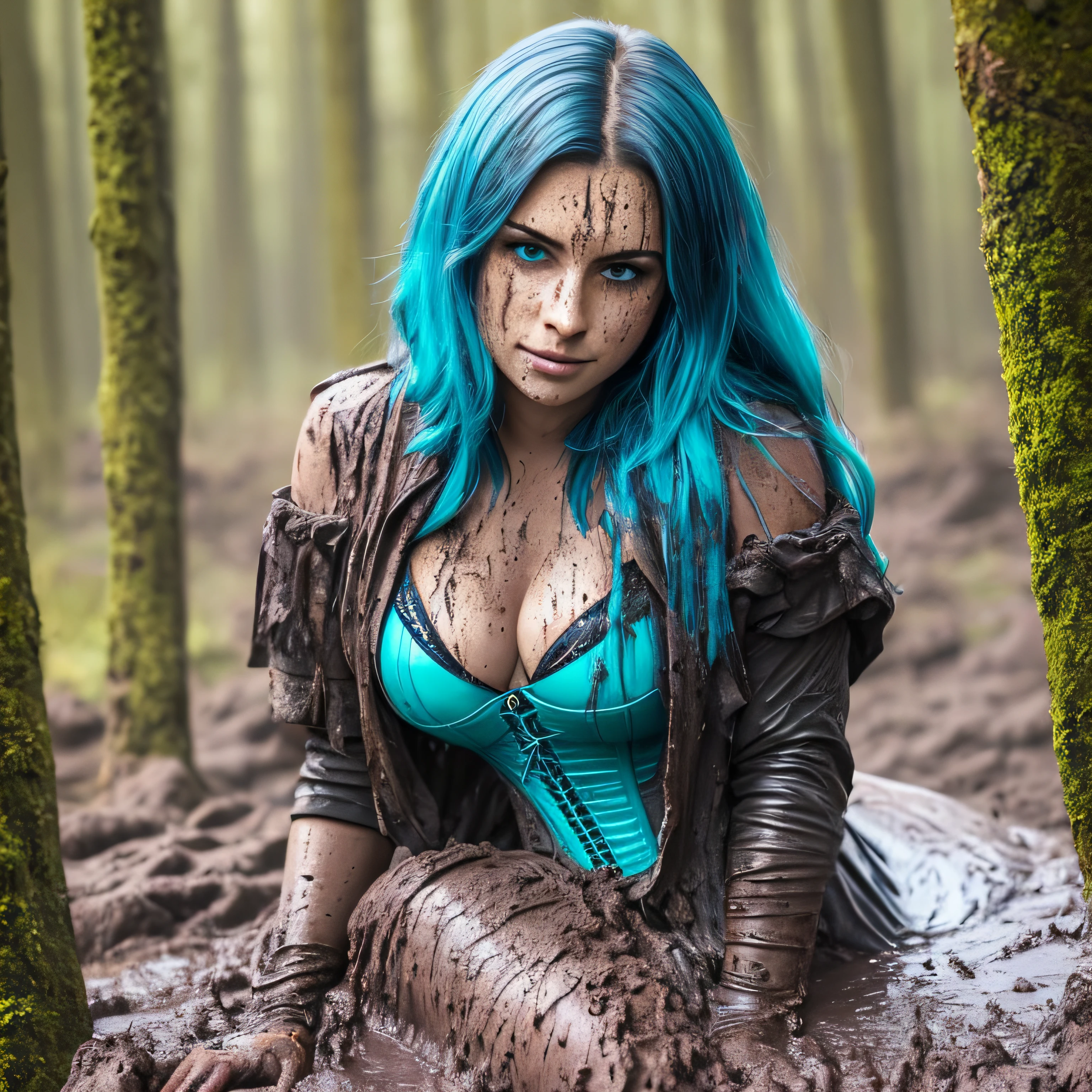Hyperrealistische Fotografie von zwei Frauen im Schlamm, Schlammspritzer im Gesicht, die Gesichter sind mit Schlamm verschmiert, stehend, viele Frauen im Hintergrund, 30-year-old women smeared with mud, Lena Meyer Landrut, turquoise underbust corset smeared with mud, Fluting, black tulle skirt smeared with mud, turquoise high heeled boots Schaft bis zum Schritt smeared with mud, schwarze Netzstrumpfhose, the entire body, rote lockige Haare sund mit Schlamm verschmiert, die Kleidung ist mit Schlamm verschmiert, High quality, realistische Beleuchtung, Bildmitte, Sanduhrproportionen, 8K, HDR, BDSM, medium breast size, lange Beine, tinted, professionelle Fotografie einer Frau, natural skin texture smeared with a lot of mud, 4K-Texturen, Adobe Lightroom, Fotolabor, HDR, kompliziert, elegant, sehr detailliert, scharfer Fokus, wahnsinnige Details, komplizierte Details, hyperdetailliert, Helles Kinolicht, Außenatmosphäre, Kinn hochgezogen, (exponierter Bauch: 1,8 ), (Fernaufnahme), dominanter Gesichtsausdruck,