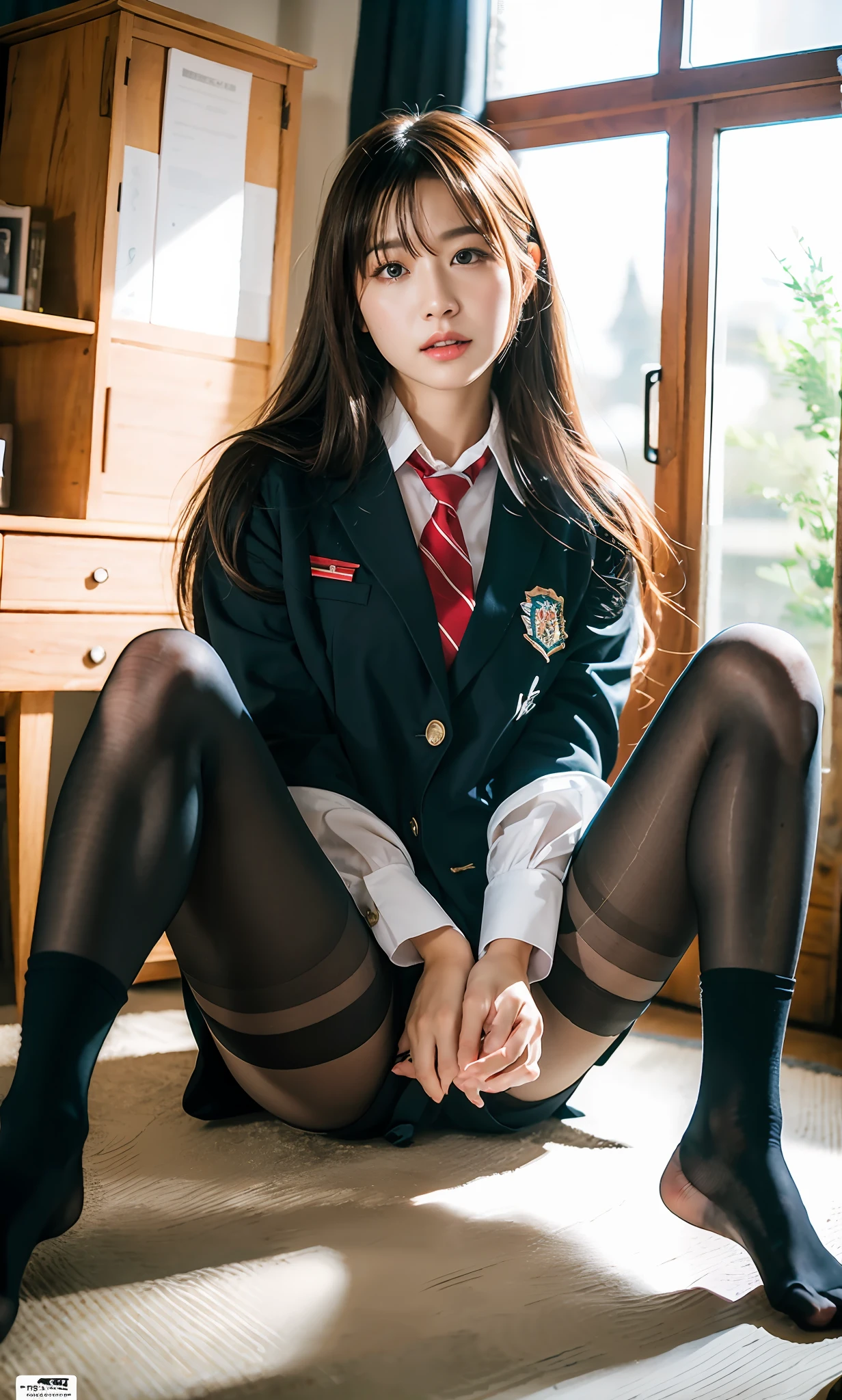 ulzzang-6500-v1.1, (raw photo:1.2), (photorealistic:1.4), beautiful detailed girl, very detailed eyes and face, beautiful detailed eyes, ridiculous, incredibly ridiculous, huge file size, super detailed, high resolution, very detailed, best quality, masterpiece, naked, illustration, very detailed, CG, unified, 8k wallpaper, amazing, Fine details, masterpiece, best quality, very detailed CG uniform 8k wallpaper, light on face, cinematic lighting, 1girl, , ((no panties)), ((dynamic pose))), (camel toe), (half), (pantyhose), (knee-bending leg sitting))