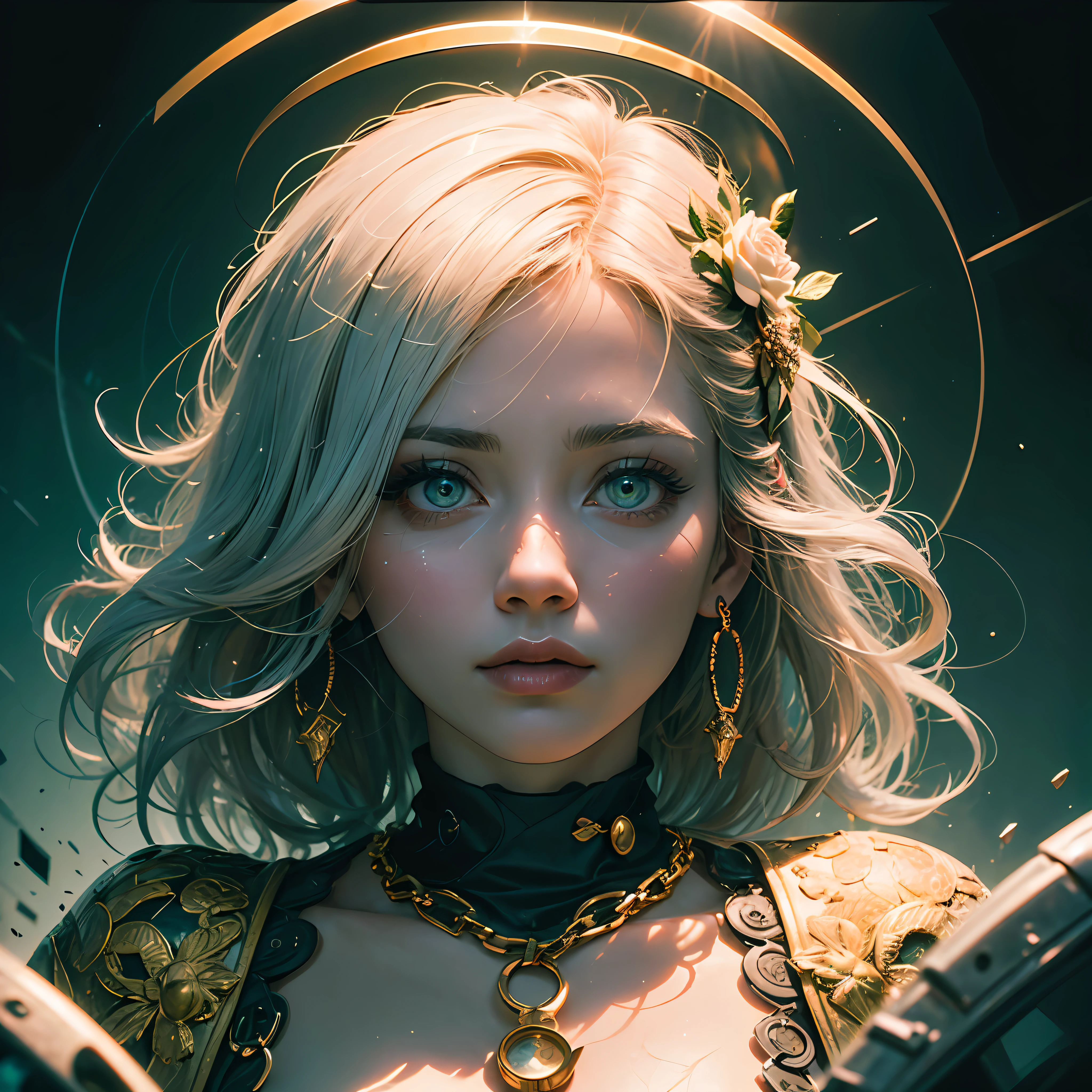 (Masterpiece:1.2), best quality, (illustration:1.2), ornate decorations,(Masterfully crafted Glow, lens flare), (ultra-detailed), hyper details, (delicate detailed), (intricate details), (cinematic light, best quality Backlights),(bioluminescent hair), (glowing eyes), (Dynamic:1.2), ((makeup)), absolutely eye-catching, prehistoric,((colourful paint splashes on background, dulux,)), ((caustic)), dynamic angle, (Captivating),(Intricately Detailed Cinematic :1.1), ambient occlusion, ambient light, ray-traced reflections,(best illumination, an extremely delicate and beautiful), ((cinematic light)), colourful, powerful, (Cinematic masterpiece),big dreamy eyes, perfect proportions, perfectly drawn face, Albedo, white hair, chains, comfortable, Intense, day, Golden sky, Inticing, illustration, Angels everywhere, yellow eyes, red roses, chains, splashes of colour, smooth soft skin, Golden Hour, atmospheric, Park, Fields, Bullets, Breath-taking, ambient light coming from sky, soft warm glow coming from chains, god rays, halo, beautiful intricate coloured hair, symmetrical, soft lighting, , concept art, digital painting, looking into scenery, realistic reflections, tracers everywhere --auto