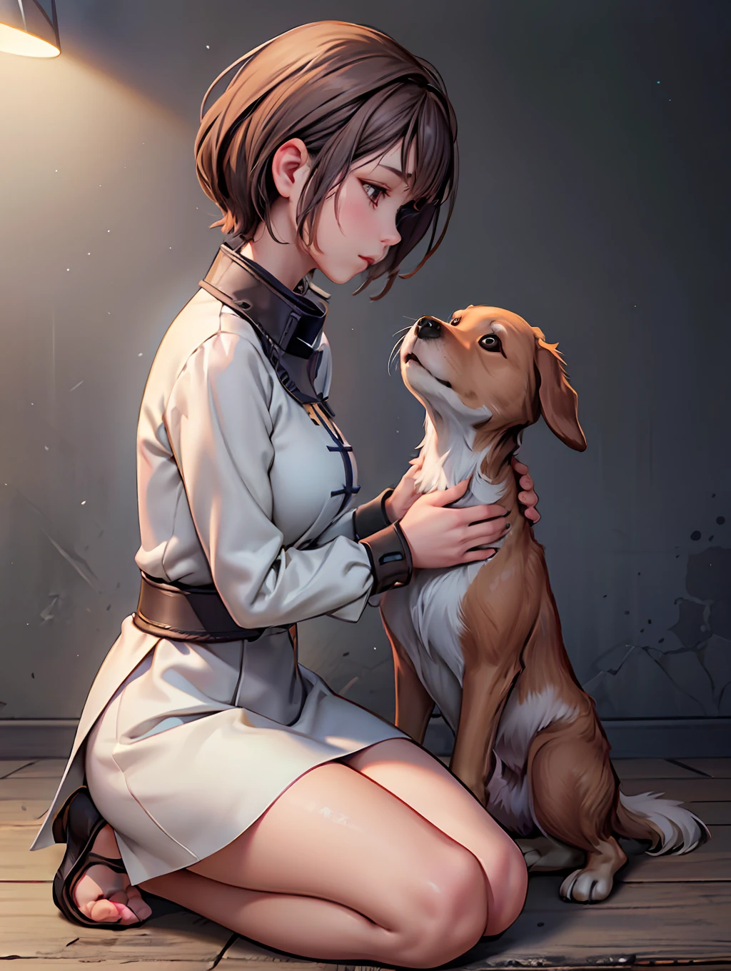 (extremely detailed CG unity 8k wallpaper,masterpiece, best quality, ultra-detailed),(best illumination, best shadow, an extremely delicate and beautiful),caring,first aid,woman and animal,bonding moment,dog's leg injury,her touch gentle,calm,empathy.