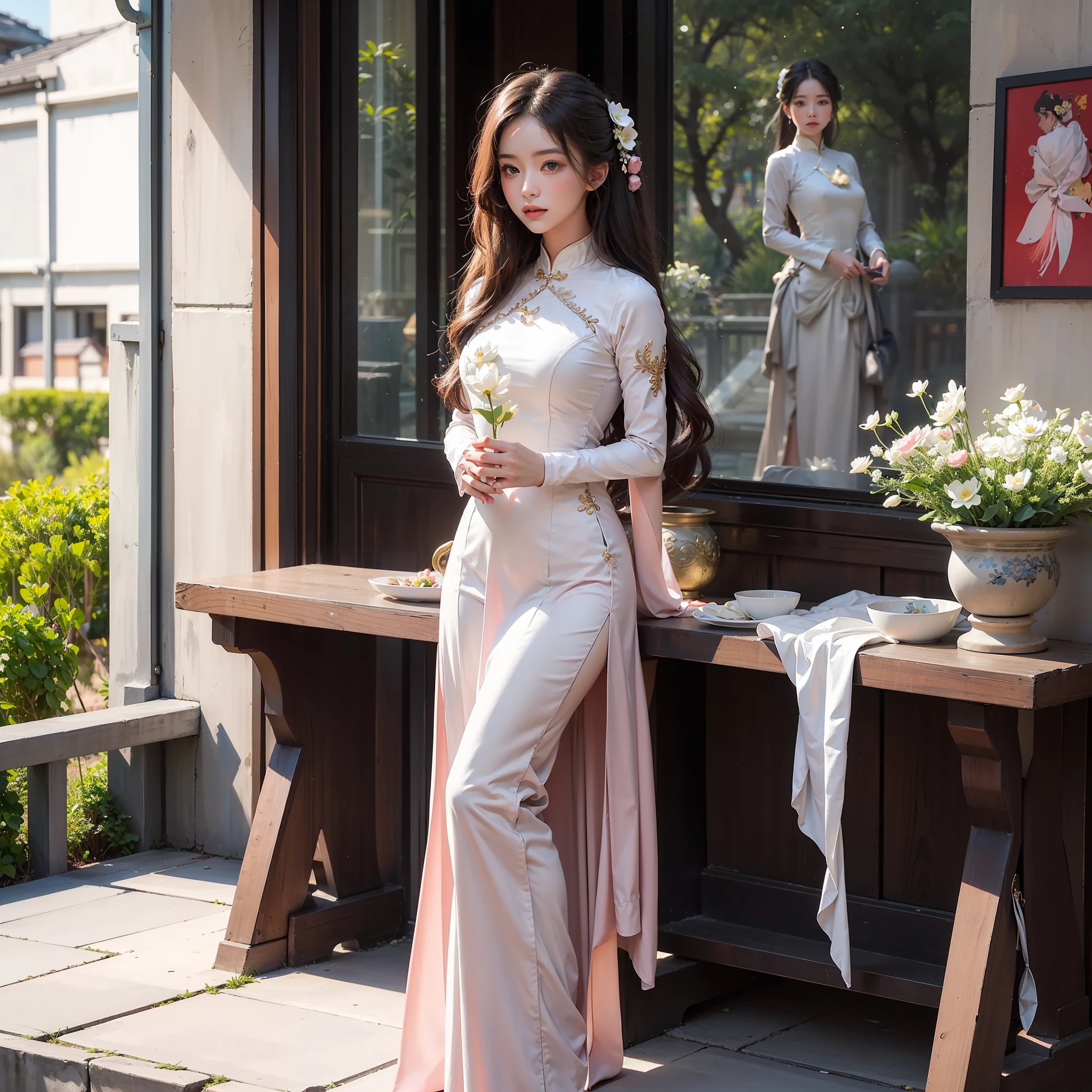 an 8K quality photo of a very beautiful Vietnamese woman in a traditional Vietnamese ao dai. She gets light makeup, stand out and pose elegantly. Her face is graceful and good-looking, creating a traditional beauty of Vietnamese women. She is standing in an old castle, holding a bouquet of bright pink lotus flowers. Her tunic is similarly pastel pink, Create a quiet and soothing space. The photo was taken with extreme detail, Make sure every aspect of the photo is sketched with incredible accuracy. The photo does not have any errors in the face, hands and feet, and overall a beautiful and captivating photo. The photo material is designed in an ancient style, with retro and vintage colors, Create a classic and luxurious space. Associated with this scene are works by famous painters and photographers such as Leibovitz, Ansel Adams, và Edward Hopper, along with other artists such as Claude Monet and Georgia O'Keeffe