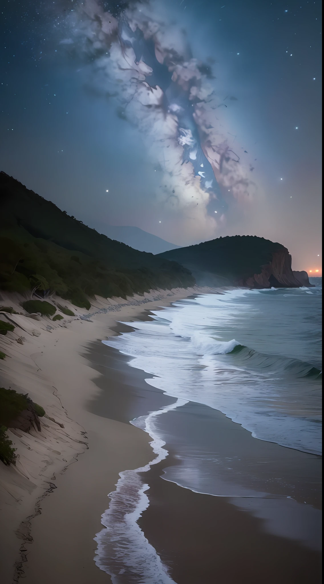 (8K:1.27),Best Quality,Masterpiece,ultra-highres:1.2,Depth-of-field, seas, shores,White sand beach, Starry sky,Meteor,the planet,stella,ayu,Dark,Midnight,Night,Milky Way,rock formations,waves, great outdoors,Wide sky, a Pretty Japanese woman,(very detailled face),(beautifull eyes), 1girls, White sleeveless dress, dark haired, Braids