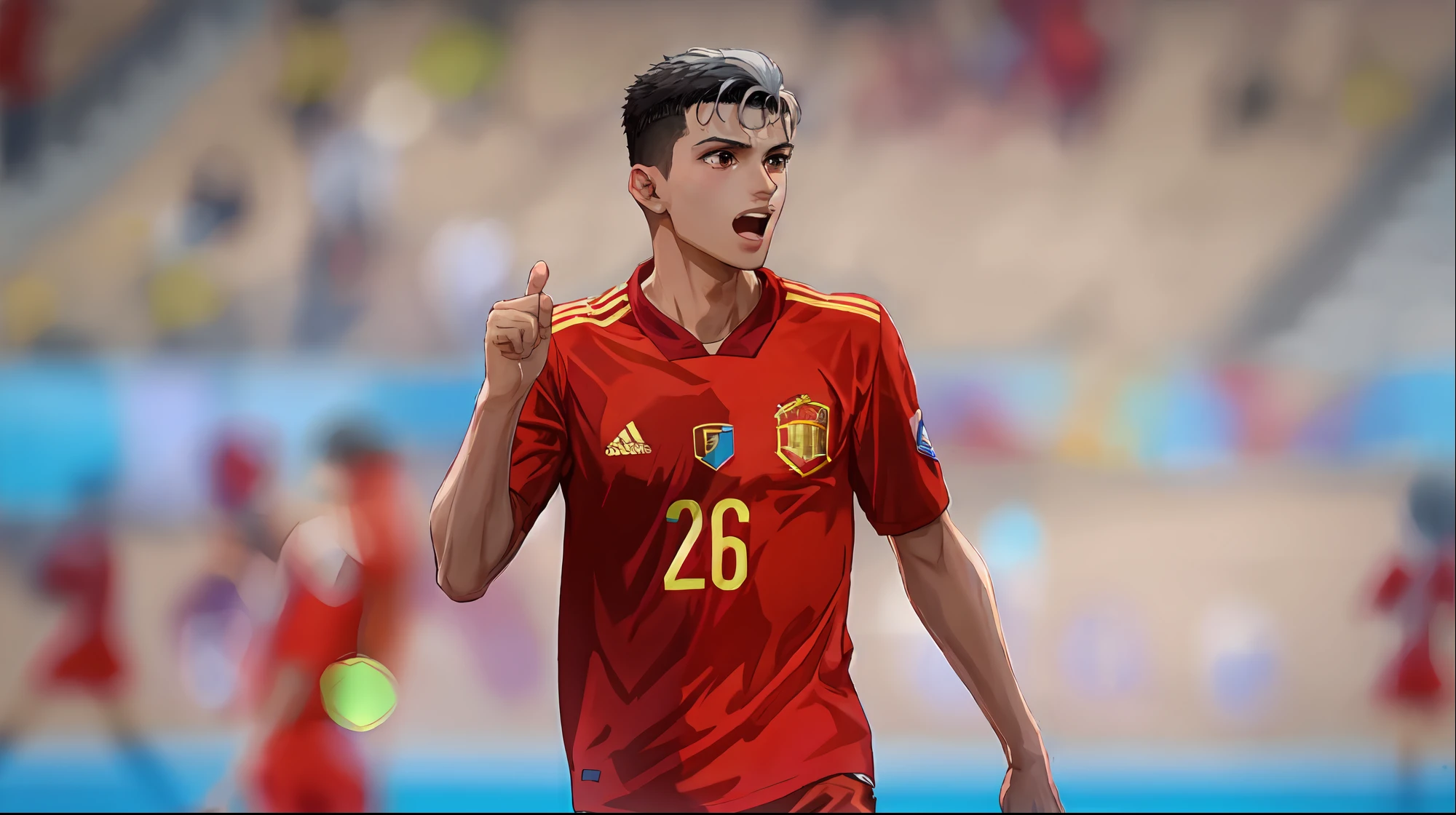 white hair, arafed soccer player in red uniform with his finger up, diego fernandez, young spanish man, spain rodriguez, borja, daverapoza, pablo olivera, daniel mirante, mateo dineen, gorrilaz, nekro borja, danilo torres, pedro correa, 1 6 years old, jaime jasso