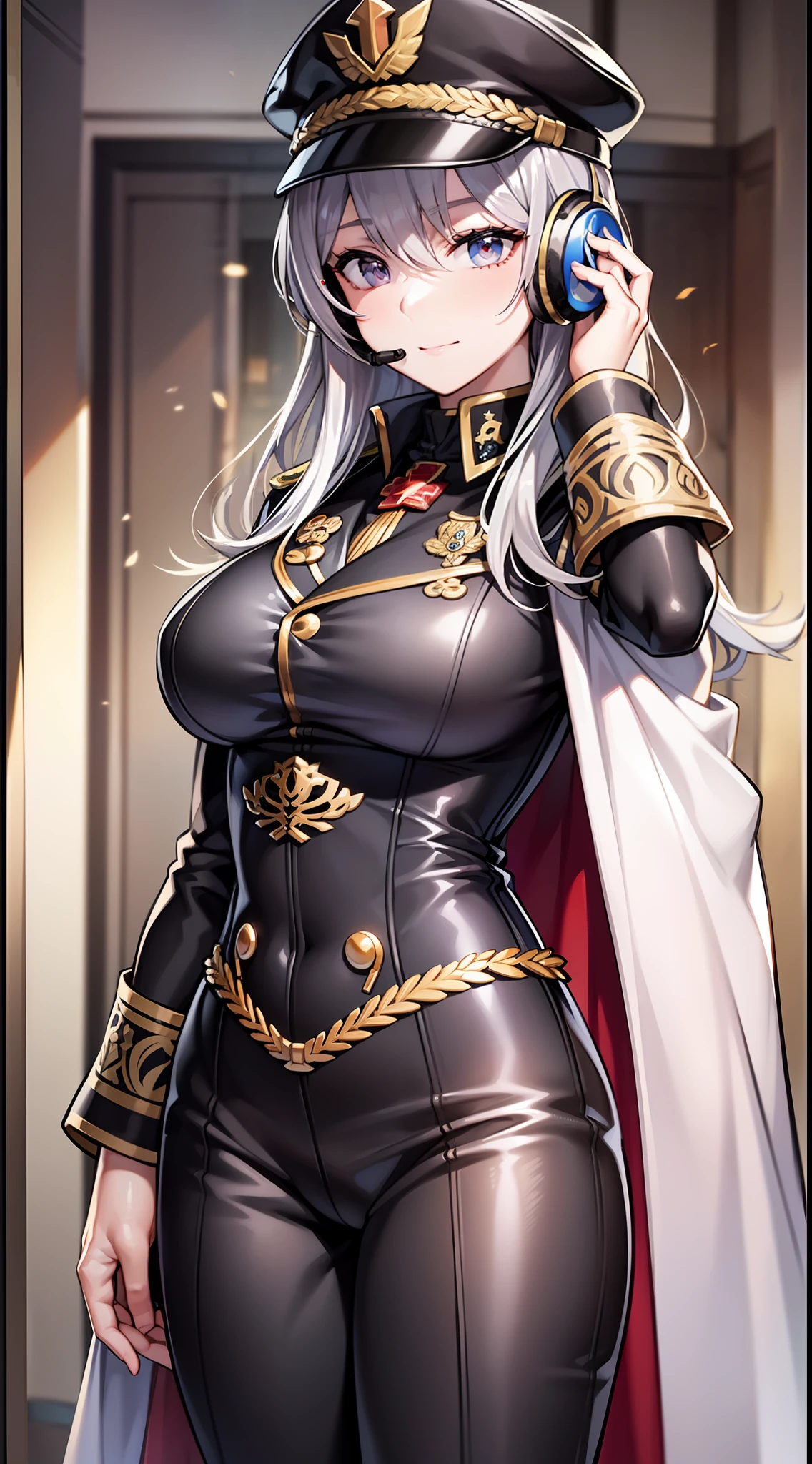 アニメ、beste Quality、highly resolution、Standing Picture、Handsome and beautiful cool woman、soldier、Know、Glossy detailed gray hair long、Black military uniform with noble and detailed design cloak、SF、Wearing a headset and a helmet、Elegant、Gorgeous、luxury、elegantly、glamor、Good looking