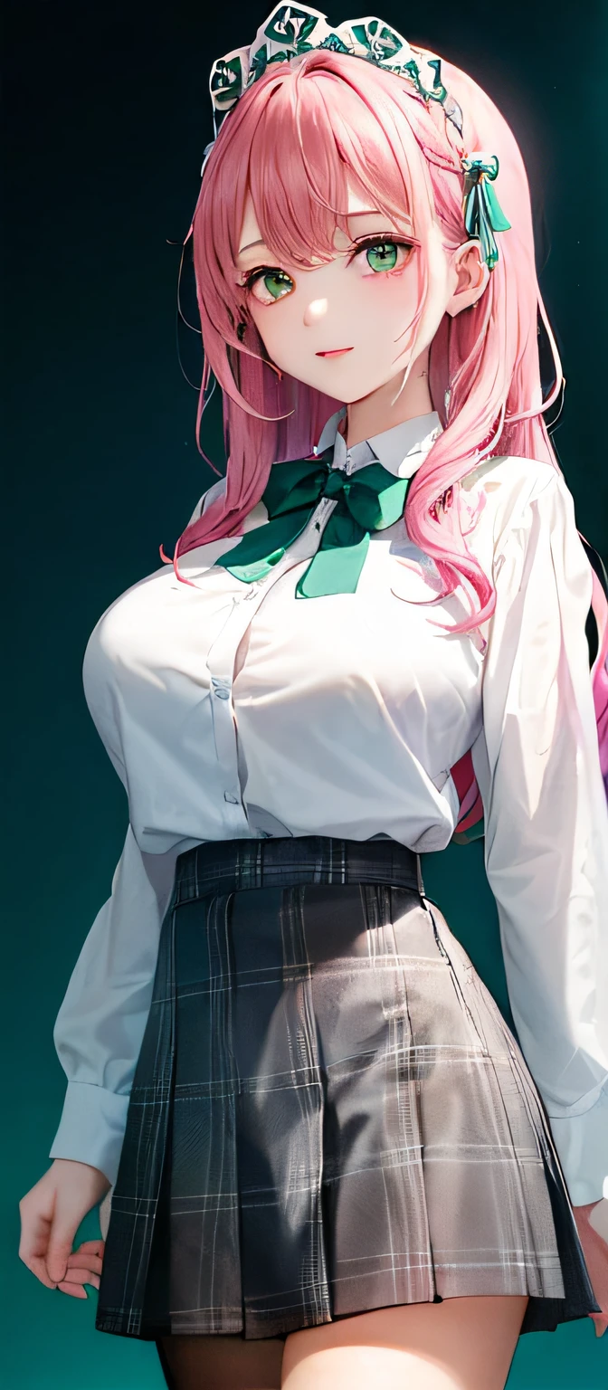 1girls, (巨作:1.1), (Best quality:1.1), (White blouse:1.1), (plaid skirts:1.1), shcool uniform, High-waisted skirt, break [Blue:pink:0.5] theme, (Gradient background: 1.1), cowboy lens, Broken pink hair, long haired,, huge breasts green eyes, Delicate headdress, Side Body,