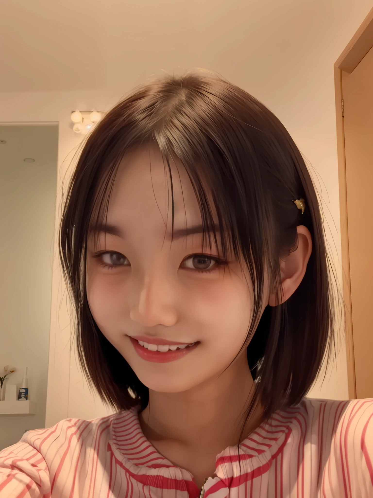 arafed woman with a smile on her face taking a selfie, 20 years old, south east asian with round face