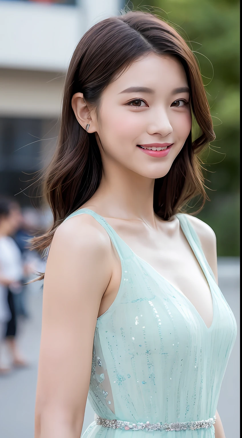 ((best qualitiy,8k,杰作:1.3)), 1girls, Smile with, a whole body, Slim Faces, Beautiful woman, (Dark-brown hair), Full-length tulle dress :1.1, Super detailed face, Detailed eyes, Double eyelid, blur backgroun, Slim Faces, citys, outside, streets,
