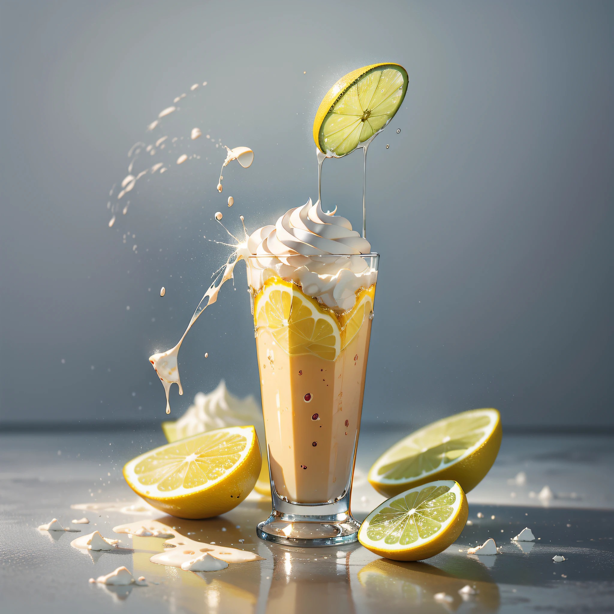 RAW photos,Lemon shake shake,Contains cream and jelly,A few pieces of crushed ice were scattered around,foodphoto,professional colour grading,Soft shadows,no contrast,clean sharp focus,foodphoto,white backdrop,Best Picture Quality,巨作,Randy Post, ultra realistis ", ultra realistis", high res photo,