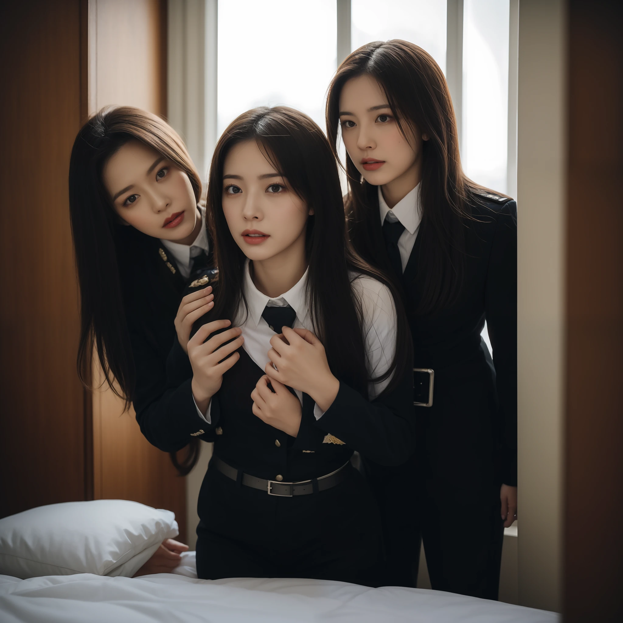 Two young and beautiful girls,The first is a uniformed policewoman,high and cold,Noble temperament,SM style,White police uniform,The second girl, wearing a corset, Held from behind by a policewoman, Arrested, Subdued,The hands were tied behind the waist by black strips of cloth,Blushlush,Crimson lips,cabelos preto e longos,Detailed eyes,Double eyelid,long haired,Leather collar,leather belts,Kneel on the bed,Facing the screen,head lowered,Light hits the face,Different faces,In a scene,(best qualitiy,8K,杰作)