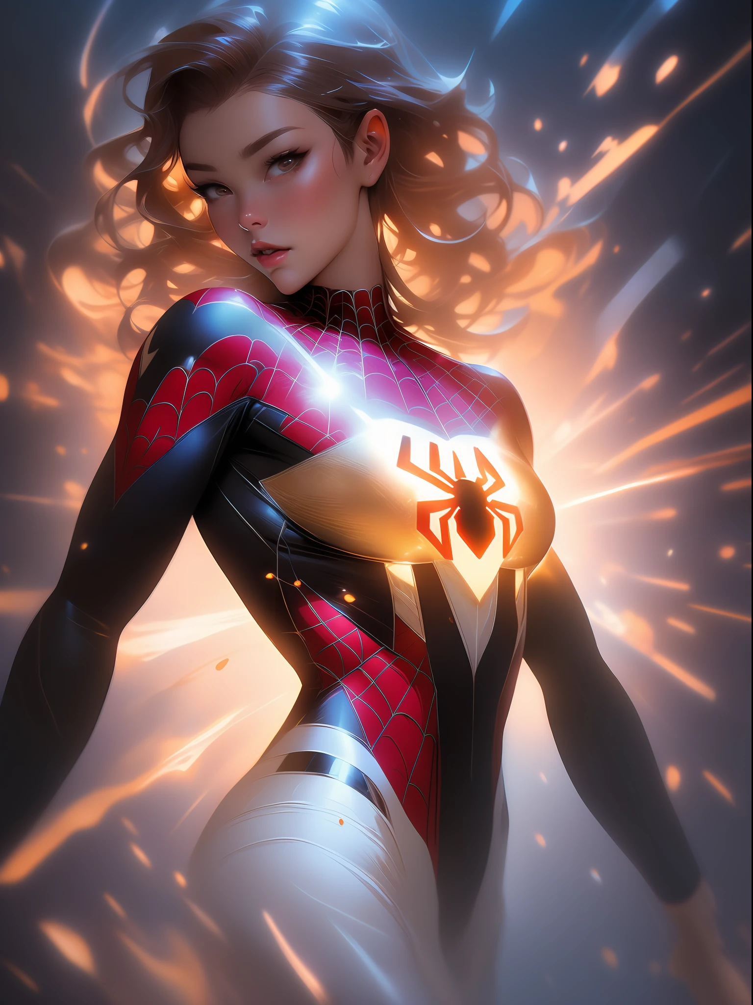 golden and white, spider man, drip outfit, heavy rain, magical, highly detailed, trending on artstation, unreal engine 4 k, cinematic wallpaper by stanley artgerm lau, wlop, rossdraws, james jean, andrei riabovitchev, marc simonetti, yoshitaka amano. background by james jean and gustav klimt, light by julie bell, 4 k, porcelain skin, style of zdislaw beksinski, detailed, 8k, dynamic lighting, white chromatic aberration