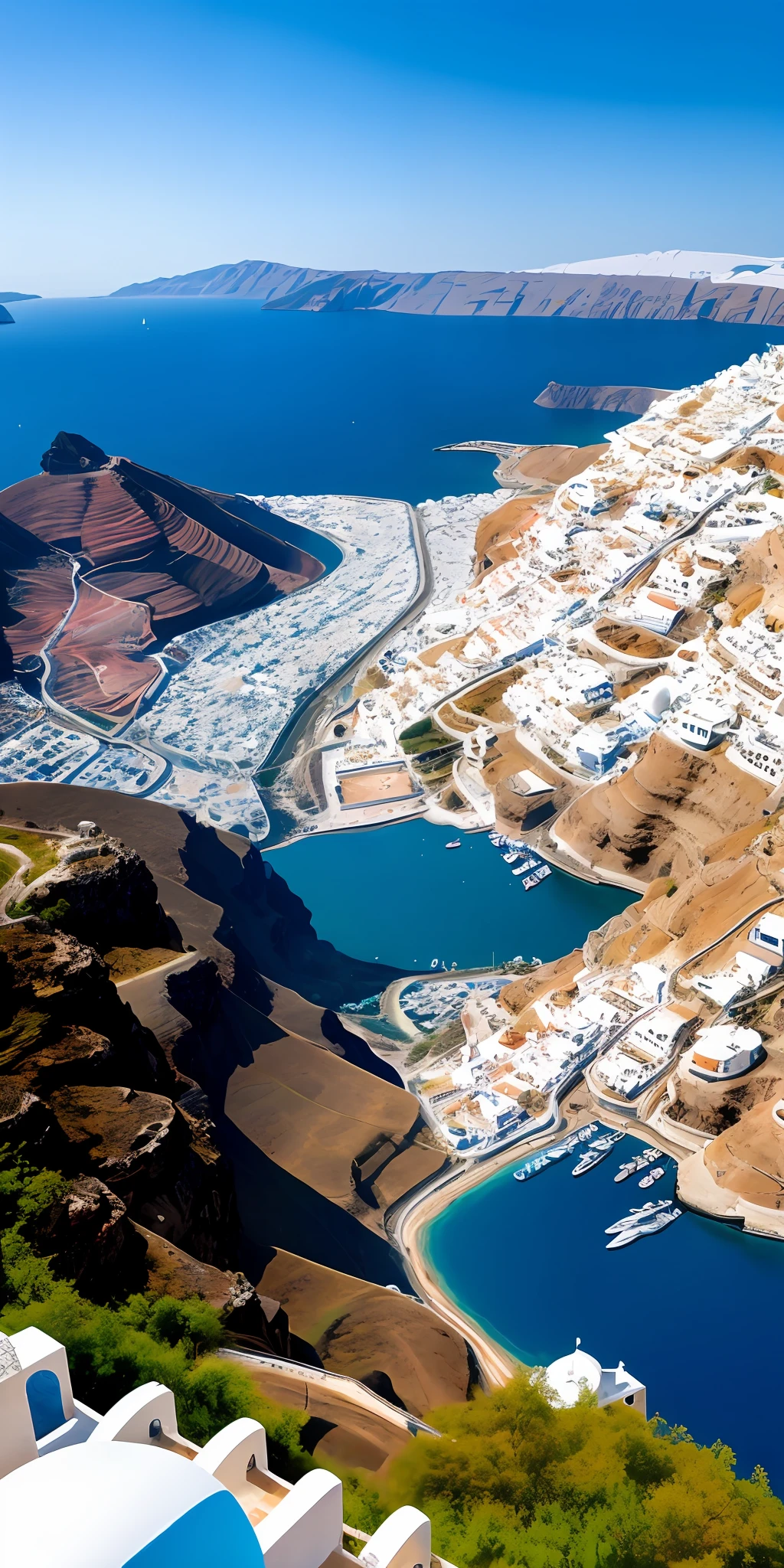 Santorini-like scenery、Viewpoint seen from the sea、Blue-white hotels on the cliff、pools、water fall、high detailes、a photo、ultra-sharp、ultra-real、8k、