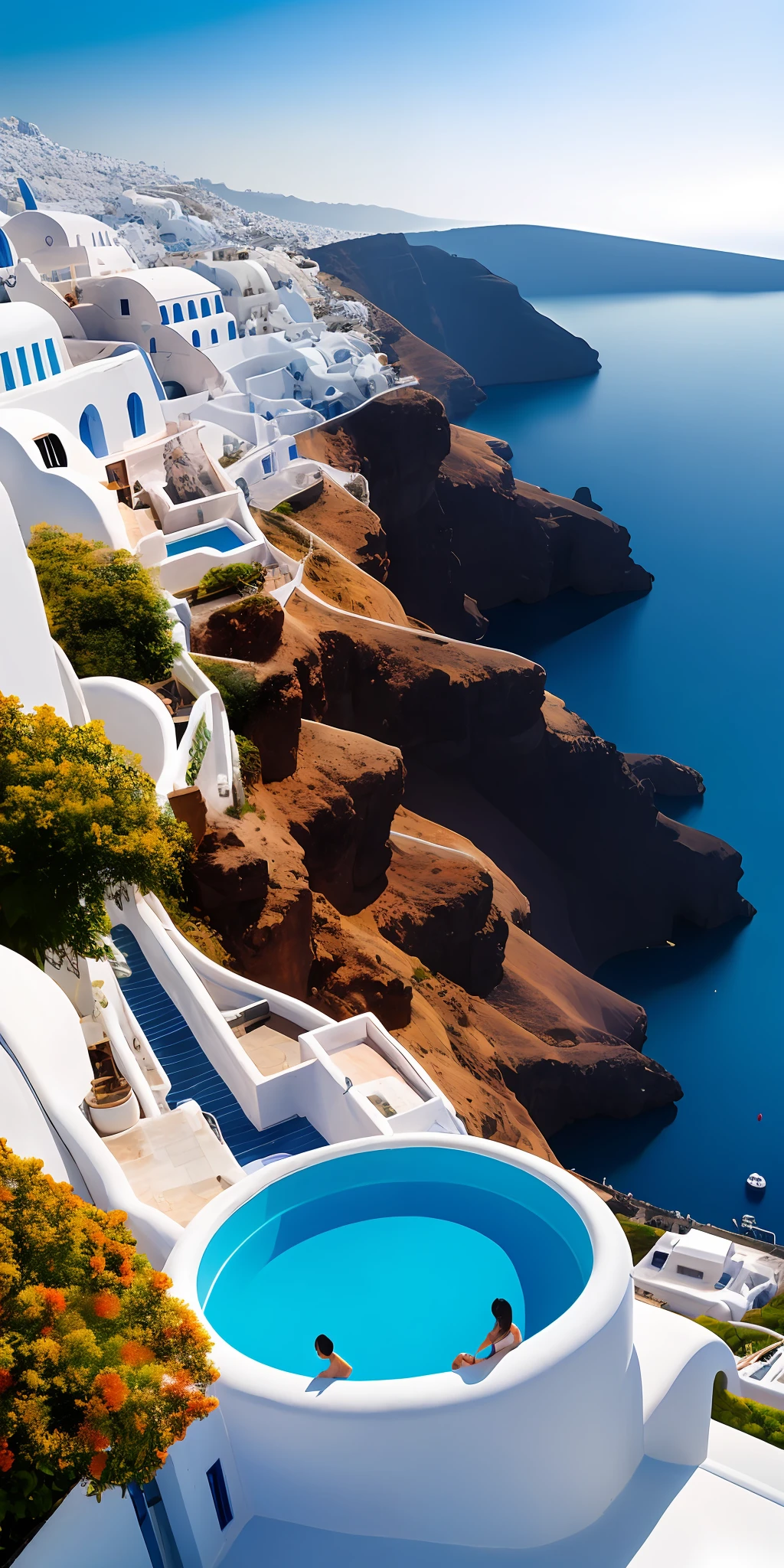 Santorini-like scenery、Viewpoint seen from the sea、Blue-white hotels on the cliff、pools、water fall、high detailes、a photo、ultra-sharp、ultra-real、8k、