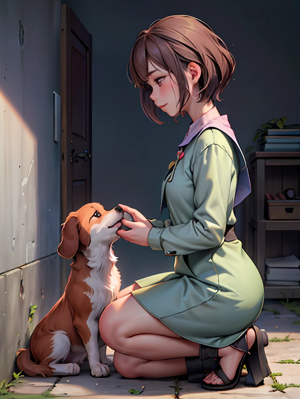 (extremely detailed CG unity 8k wallpaper,masterpiece, best quality, ultra-detailed),(best illumination, best shadow, an extremely delicate and beautiful),caring,first aid,woman and animal,bonding moment,dog's leg injury,her touch gentle,calm,empathy.