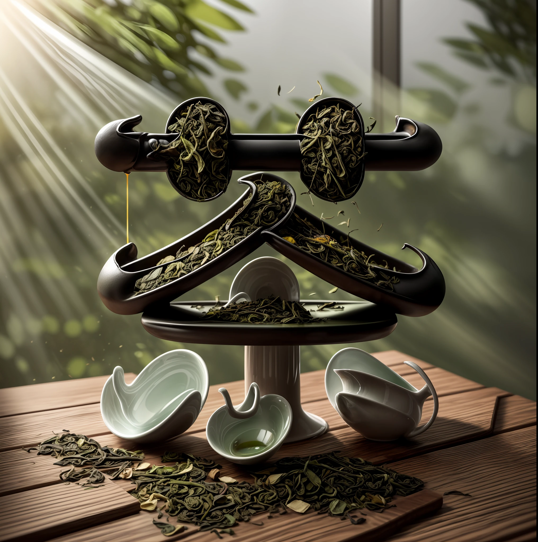 (巨作:0.9),Best quality,(Photorealistic:1.4),8K,The ultra-great resolution,Delicate texture,(high brightness:1.2),(Bright tones:1.3),Pretty soft shadows,A nice and welcoming room,Sunlight shines through the window,drapes,windows,desks,muri,Greenery,tree branch,A steaming ceramic teacup is placed on the table,A teapot and teacup proportional to the table,Wooden table,(Huge and delicate ceramic teapot:1.2), (Tea:0.8),Ripples,(green tea leaves:1.4),(steaming:1.1),leaf,tea leaves,The word tea floats over the teacup