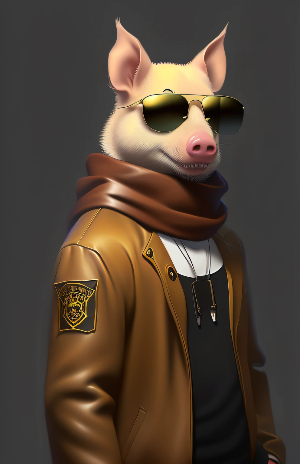 araffe wearing a leather jacket and sunglasses with a scarf, Wojtek FUS, hybrid of pig and nyc policeman, Da linha direta Miami, arte do personagem shadowrun, an anthropomorphic gangster rat, anthropomorphic gangster rat, cyberpunk 2 0 7 7 arte do personagem, Linha direta Miami, um porco, anthropomorphic warrior piglet, Fursona usando roupas estilosas