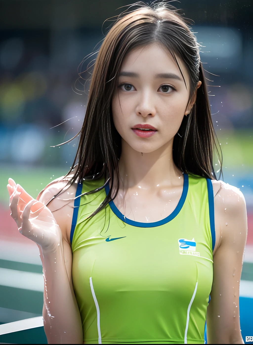 1 woman, 8k, RAW photo, (top quality, masterpiece, intricate detail: 1.4), (realistic, photorealistic: 1.3), (realistic: 1.3), photorealistic, Japan female track and fielder, (rainy weather)), ((woman standing on the track in the stadium: 1.8)), (beauty like an actress in Japan), (heavy rain), (((thin track and field team tank top)) , (light-colored athletics team tank top), (rain-soaked and transparent skin tank top), rain-soaked athletics team tank top, wet colored bloomers, (wet hair), (wet bangs), wet skin, (see-through nipple protrusions), 30 years old, (small face: 1.5), (nervous expression), light makeup, thin eyebrows, detailed and beautiful face, detailed eyes, (teardrops: 1.5), detailed fingers, detailed legs, detailed skin, medium breasts, shiny hair, shiny skin, wet and dripping hair, wet and dripping skin, wet and dripping tank top, (no bra), (no underwear)