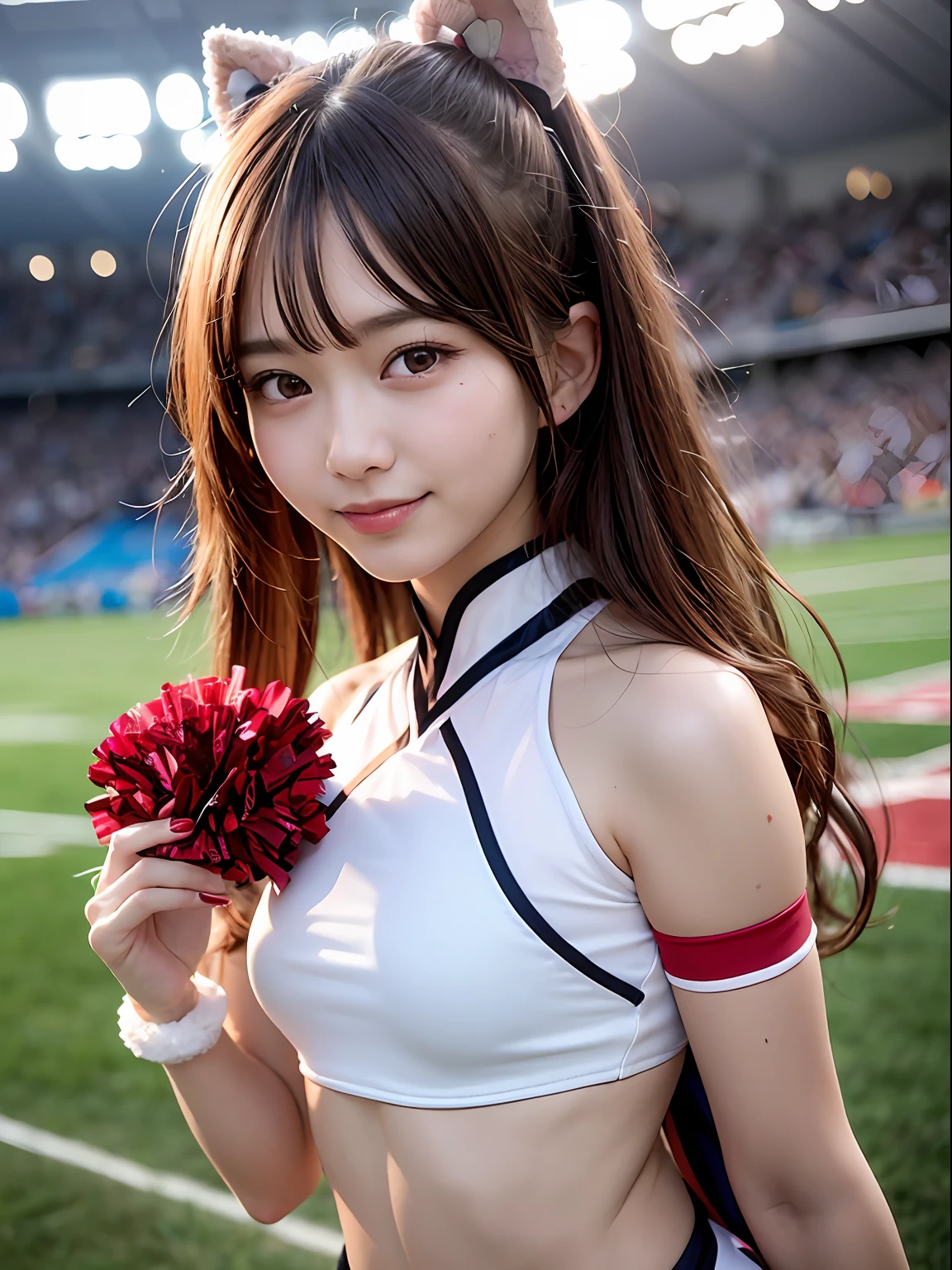 Full-body angle、Alafed Asian cheerleaders holding pom-poms in stadium、Write、close up front、cosplay photography、Anime Cosplay、smalll breasts、RAW Photography, beste Quality, highly resolution, (巨作), (photorealestic:1.4), professional picture, sharp-focus, HDR, in 8K resolution, with intricate details,  Depth-of-field, Extremely detail CG unity 8k wallpaper, frontlight, NSFW, a women, a  girl, Beautiful supermodels, smile on face、Slender、(Sweat all over the body：1.3)、2people