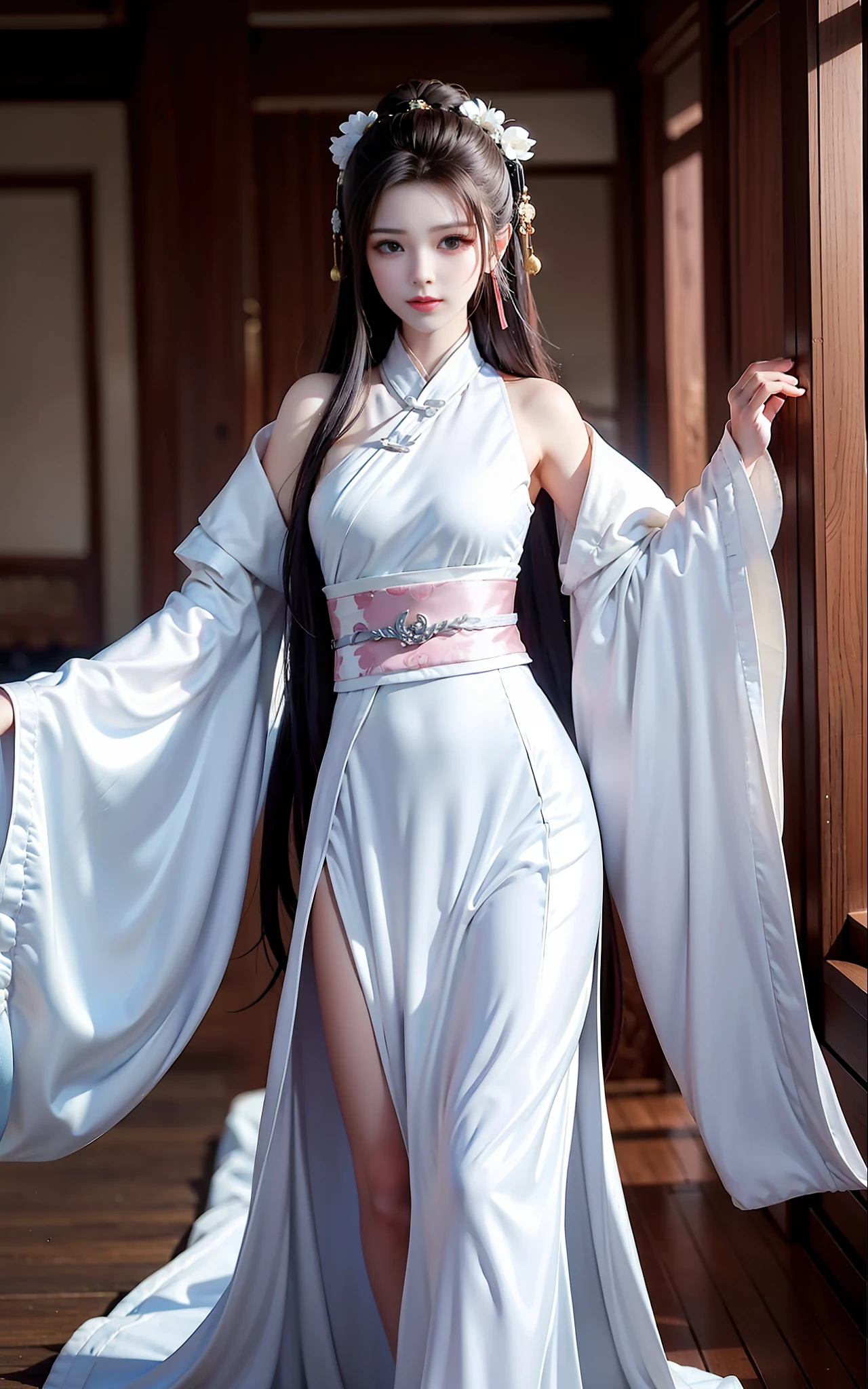 Wuxia,White robe white,long haired,ancient buildings,remote mountains
