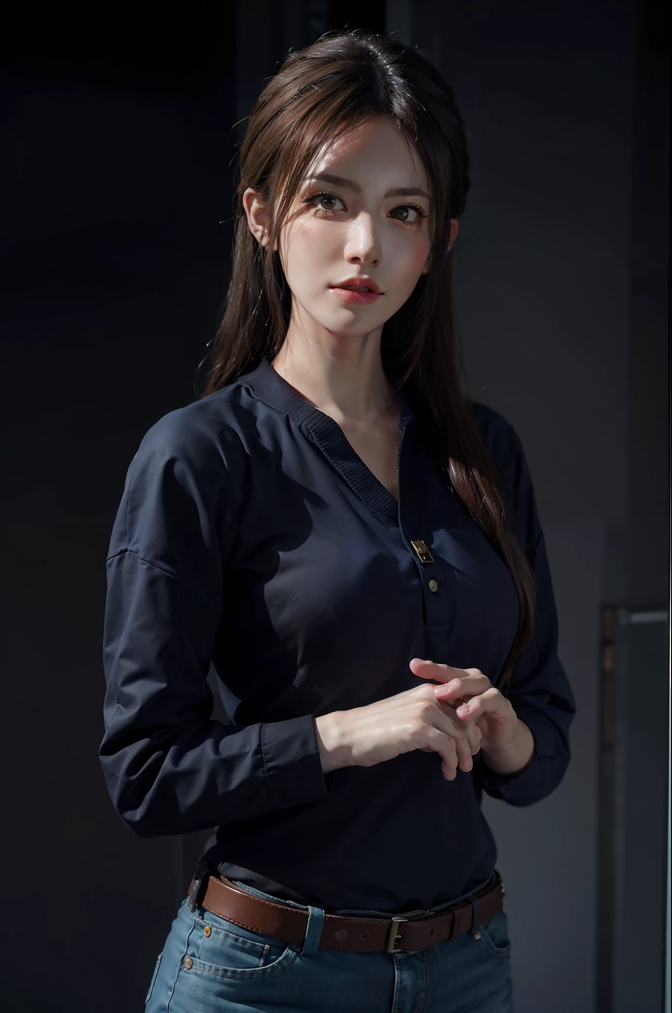Hyperrealist portrait of female by david hockney and alphonse mucha,fantasy art, photo realistic, dynamic lighting, artstation, poster, volumetric lighting, very detailed faces, 4 k, award winning,, 1girl, in the dark, deep shadow, low key,cowboy shot,(official clothing:1.4) ,long hair,white hair,