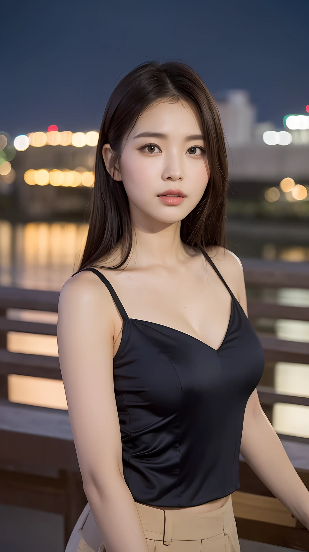 ((midnight, need, 8K, 杰作:1.3)), a whole body, Long legs, Focalors:1.2, perfect figure beautiful woman:1.4, Slim abs:1.1, ((Dark brown hair, Giant tits:1.2 )), (chemise, to stand:1.2), ((City Night View, On the bridge:1.3)), Highly detailed facial and skin texture, detailed eye, Double eyelid(((Put your hands in your pockets)))