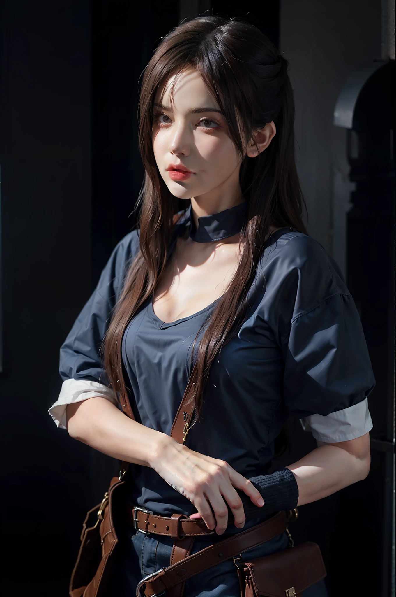 Hyperrealist portrait of female by david hockney and alphonse mucha,fantasy art, photo realistic, dynamic lighting, artstation, poster, volumetric lighting, very detailed faces, 4 k, award winning,, 1girl, in the dark, deep shadow, low key,cowboy shot,(official clothing:1.4) ,long hair,white hair,