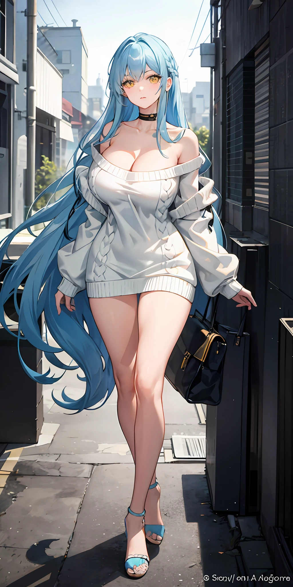 Light blue hair, yellow eyes, long hair, massive boobs, legs, thigh, collarbone, bare shoulder, big sweater, in building
