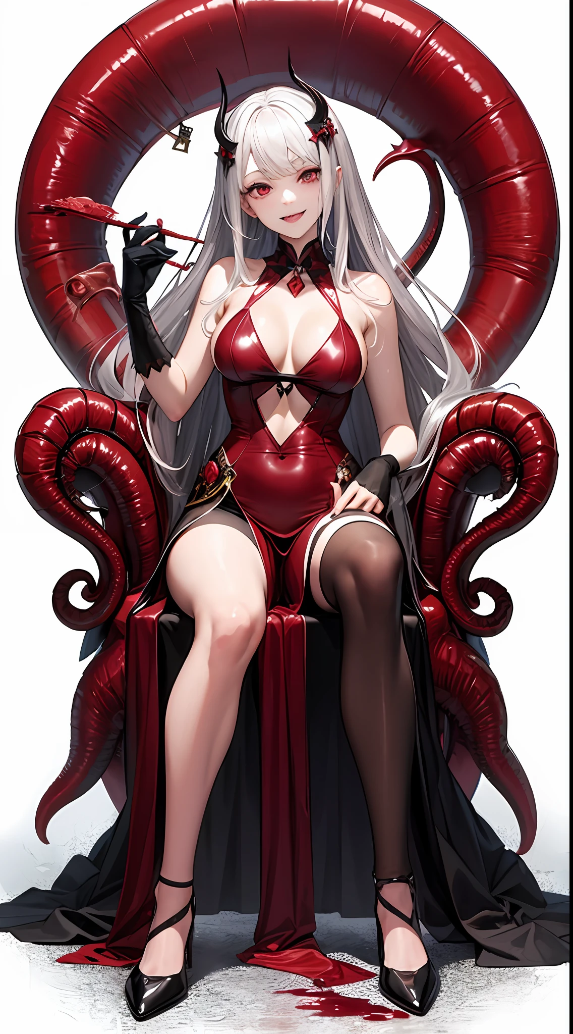 (vampiric)((Gray hair))(fang)(red eyes eyes)(((Poor milk)))((chiquita))(Dressed in a fuchsia ta costume)(Childish)(Sinister smile)Obediently sat on the throne,listless,Ignorant and understanding,((The characters are very delicate))There is flesh and blood in the background,The feeling of the Meat Forest Wine Pool Tentacles stretch out from both sides of the throne,Behind him is a bloody red Cthulhu monster