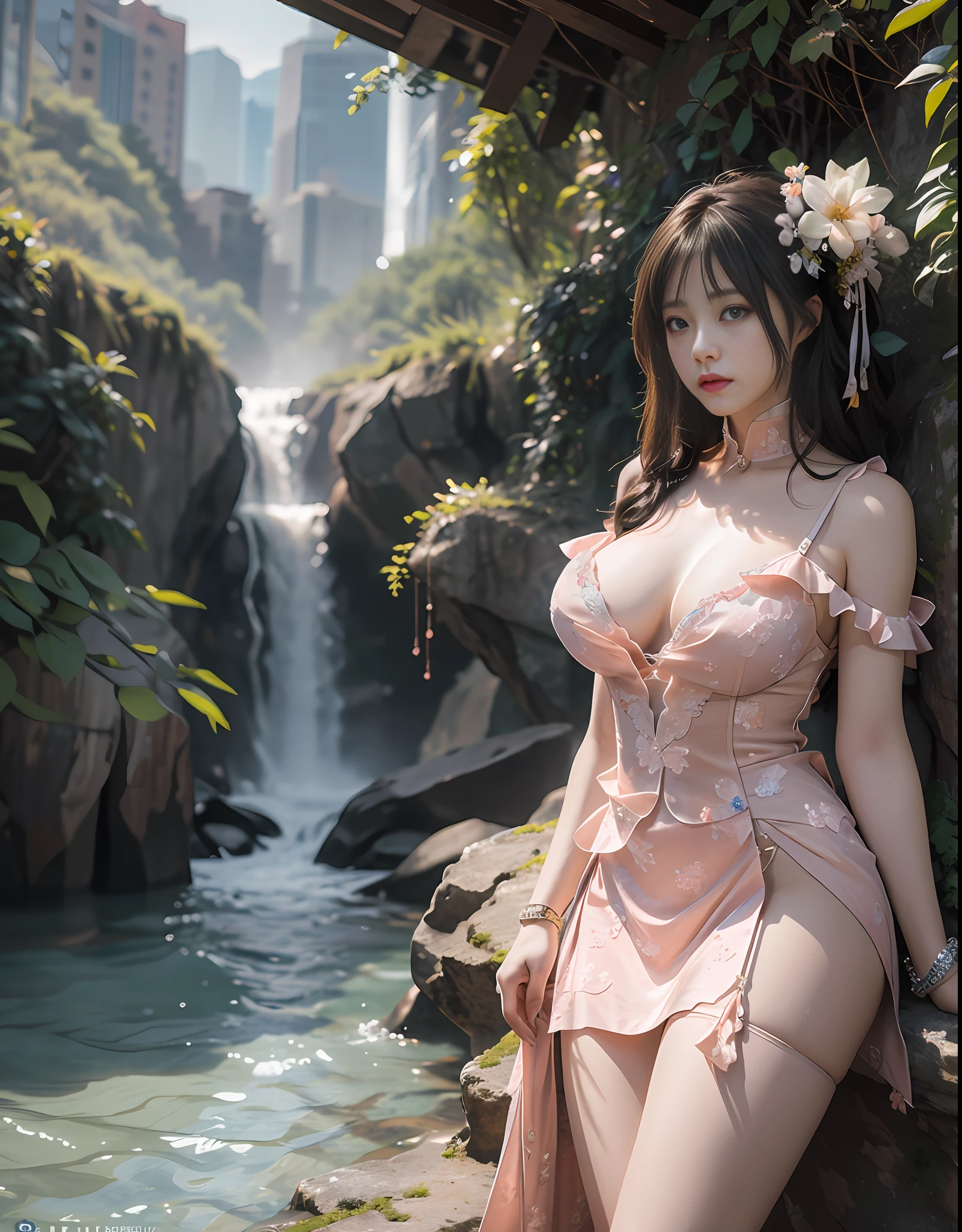 (The high-rises of the future crisscross the sea:1.2),(Beautiful girl standing on the edge of the waterfall),(((巨作))),(((品质最佳))),((超细节的))((Extremely detailed CG)),((16k wallpaper))((An extremely delicate and beautiful)),{Photorealistic},full body, Detailed light,full bloom,,,A masterpiece from the Canon EOS R6 shooting,((杰作)) ,cinematiclight,Unreal Engine 5,the creamy smooth skin,underbust,Overlooking,Extreme vistas,lacy stockings,Exquisiteface,Beautiful eyes
