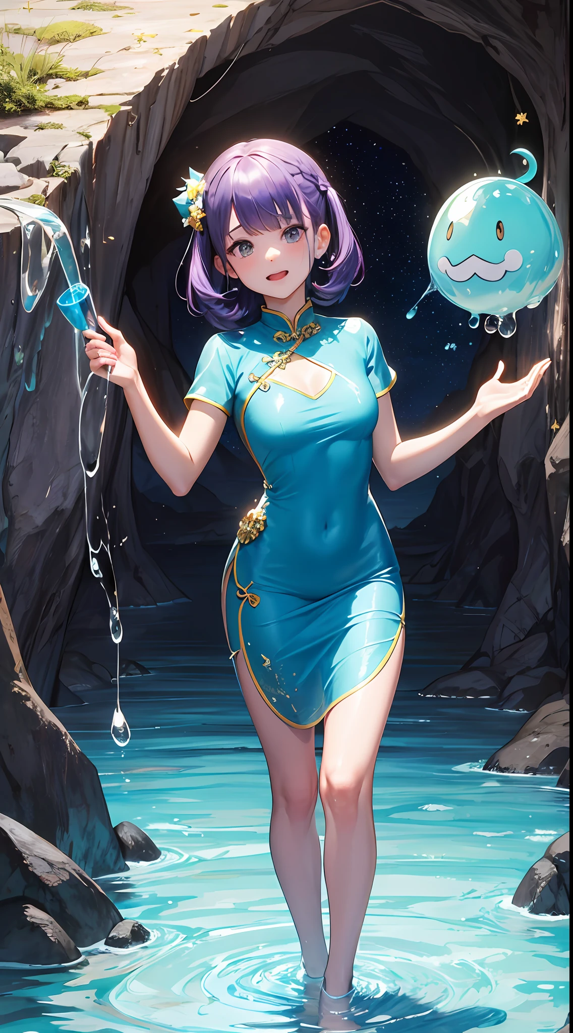 The (Double ball hairstyle)((Hair in purple color))(The hair is sprinkled with gold dust,Shining)(short-length hair)(Cheongsam in blue tone,There is a starry sky-like pattern)(Poor milk)(Domineering)Domineering standing in the cave(Domineeringly stepped on the slime,Slime showed an expression of enjoyment)Behind it is the karst landscape