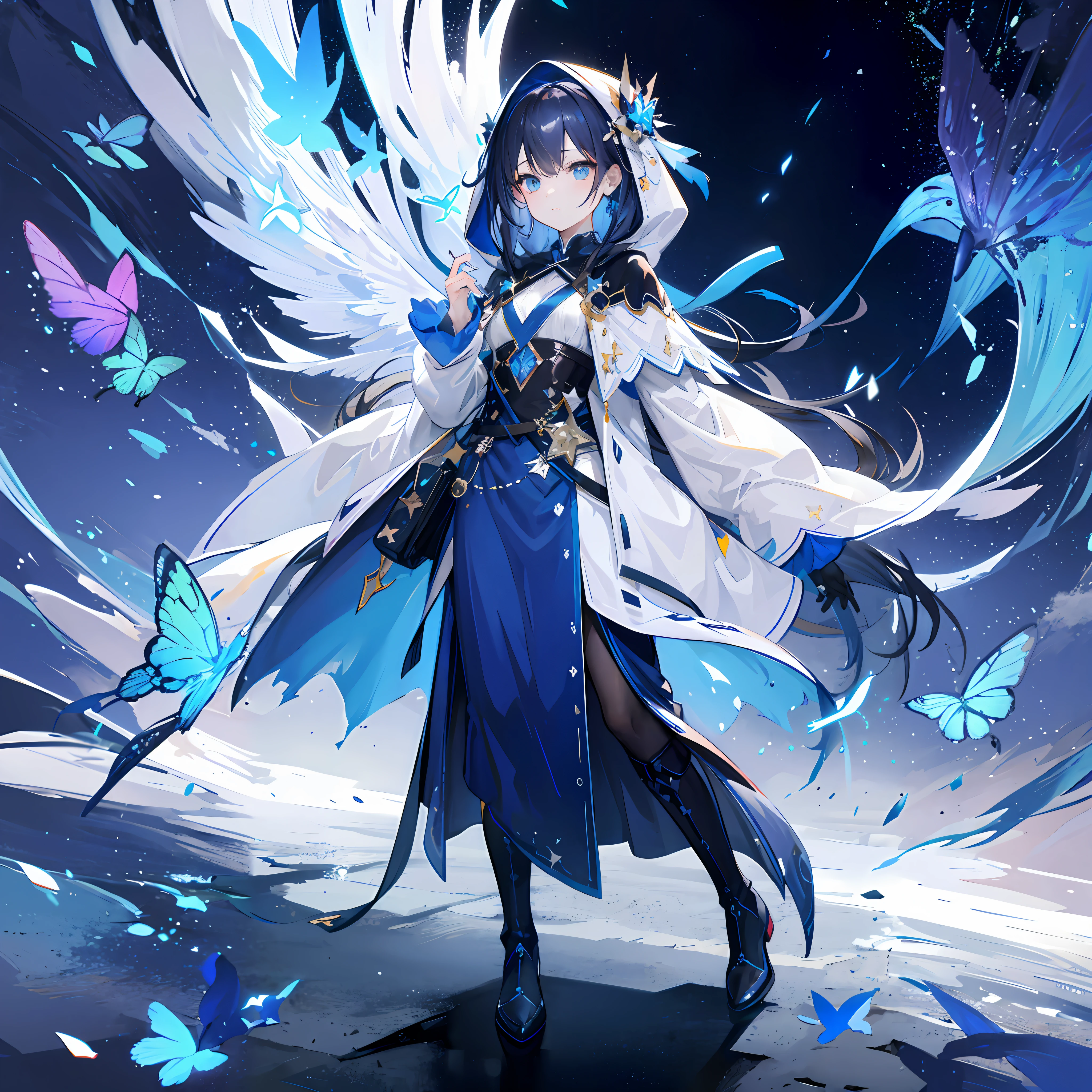 On the top left are the grand pure white wings，On the lower left is a slowly flowing river of stars，On the right is a starry sky and a flying dark blue butterfly