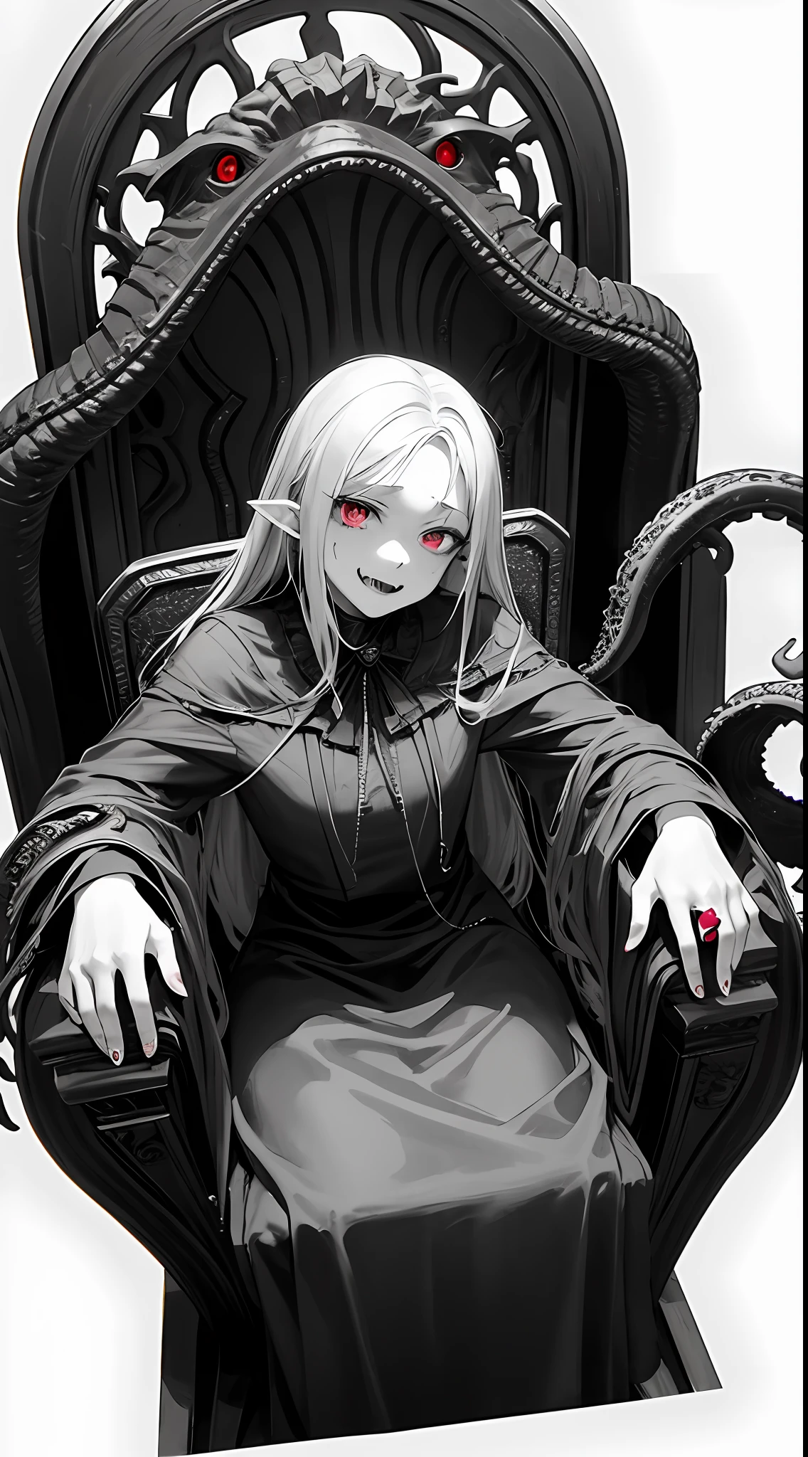 （vampiric）（（Gray hair））（fang）（red eyes eyes）（Poor milk）（chiquita）（Childish）（Sinister laughter）Obediently sat on the throne，listless，Ignorant and understanding，（（The characters are very delicate））There is a Cthulhu feeling，Flesh and blood，Tentacles stretch out from the edge of the throne，colourised