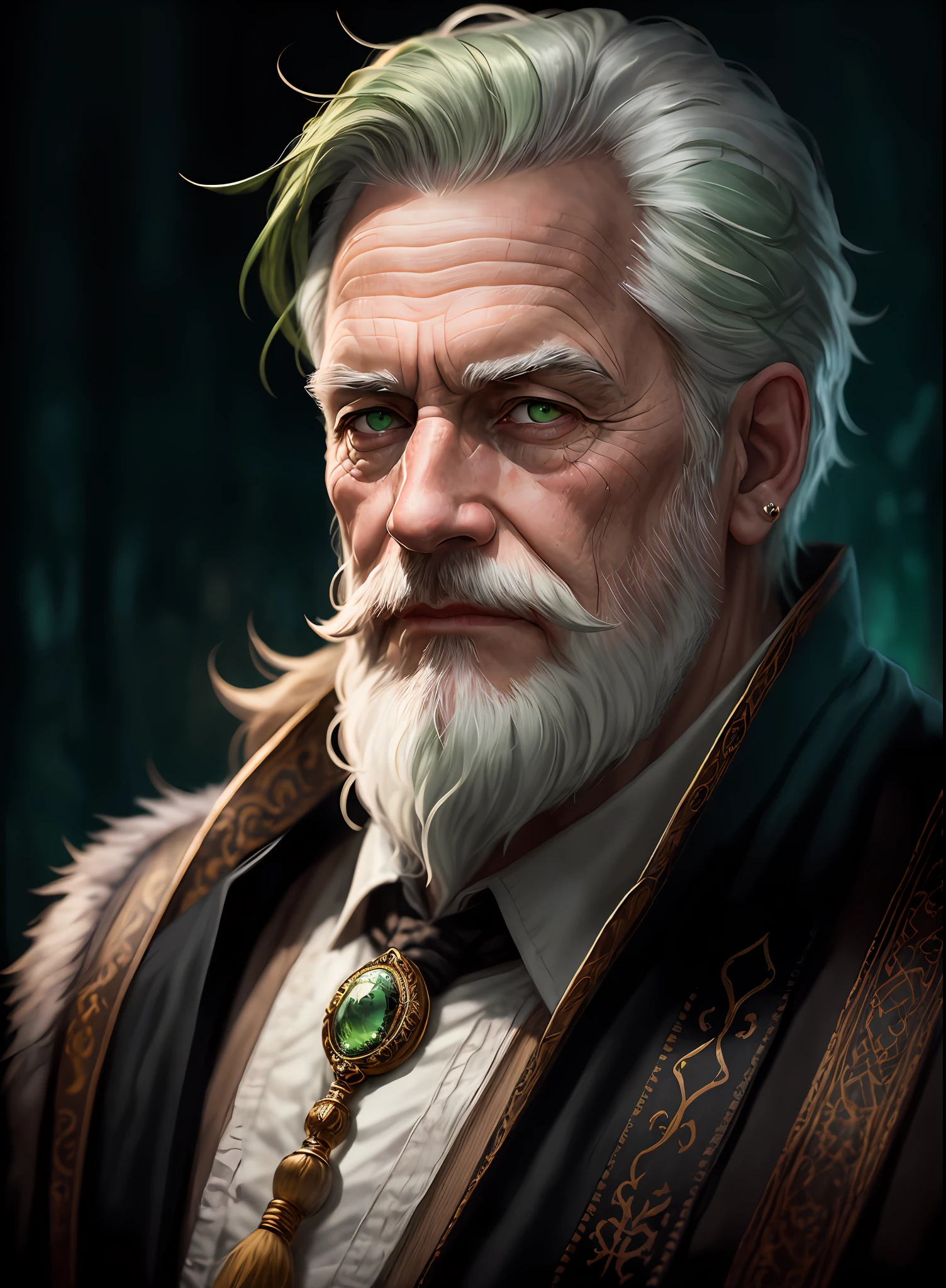 A portrait of a wizard, wise, bearded, wrinkled, aged, with piercing green eyes, detailed face, high details, photography, dark studio, rim light, Nikon D850, 50mm, f/1.4, full body