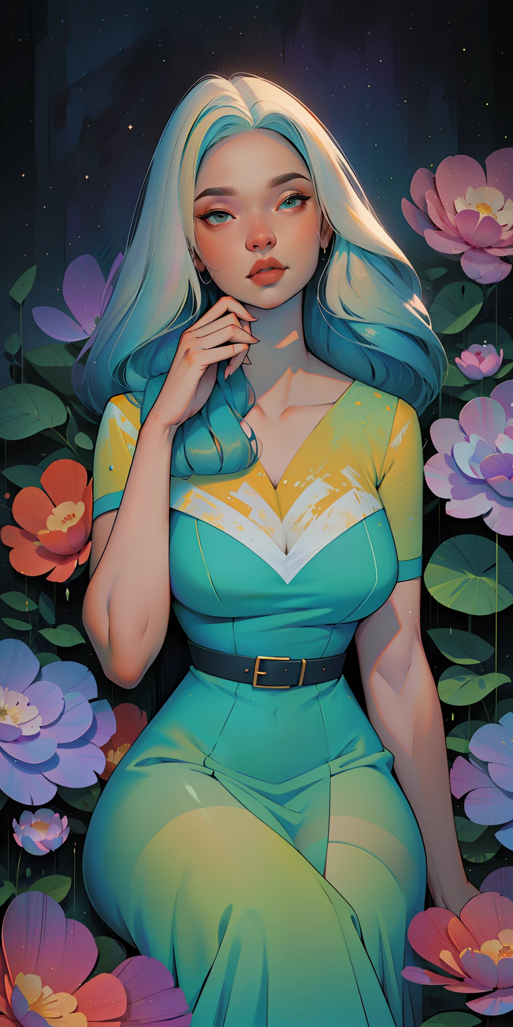 A glorious sunrise, aura, glow, aurora, Spectrum Rainbow, portal, in chic lavender white mint hair, pastel, mixed-language_SMS, (beautiful and clear background:1.2),, fantastic paintings , olhos altamente detalhados, crystals, cosmos, galaxy, Long Hair, Flora Peony, poppy, hydrangea, Plants, Loving, Love, ultra detailed hair, Best Quality, hig quality, high-resolution, detail enhancement, ((most beautiful image in the world)), Masterpiece, Best Quality, detail enhancement, ((most beautiful image ), Shiny hair, ultra chic transparent fluffy layered dress, Prom, Stampa Flores, art by stjepan sejic, art by j scott campbell, art by guillem march, art by citemer liu, 4k, high-resolution, comic book character, comic, high quality detailed, style of ::2.0 comix illustration style,tatoon style, hig quality, high-resolution, detail enhancement, 8K, HD, detail enhancement, 8K, HDR, Sharp focus, Ultra Detailed, Perfect lighting, Curvy Body, Lush breasts, Curvy hips, Sits