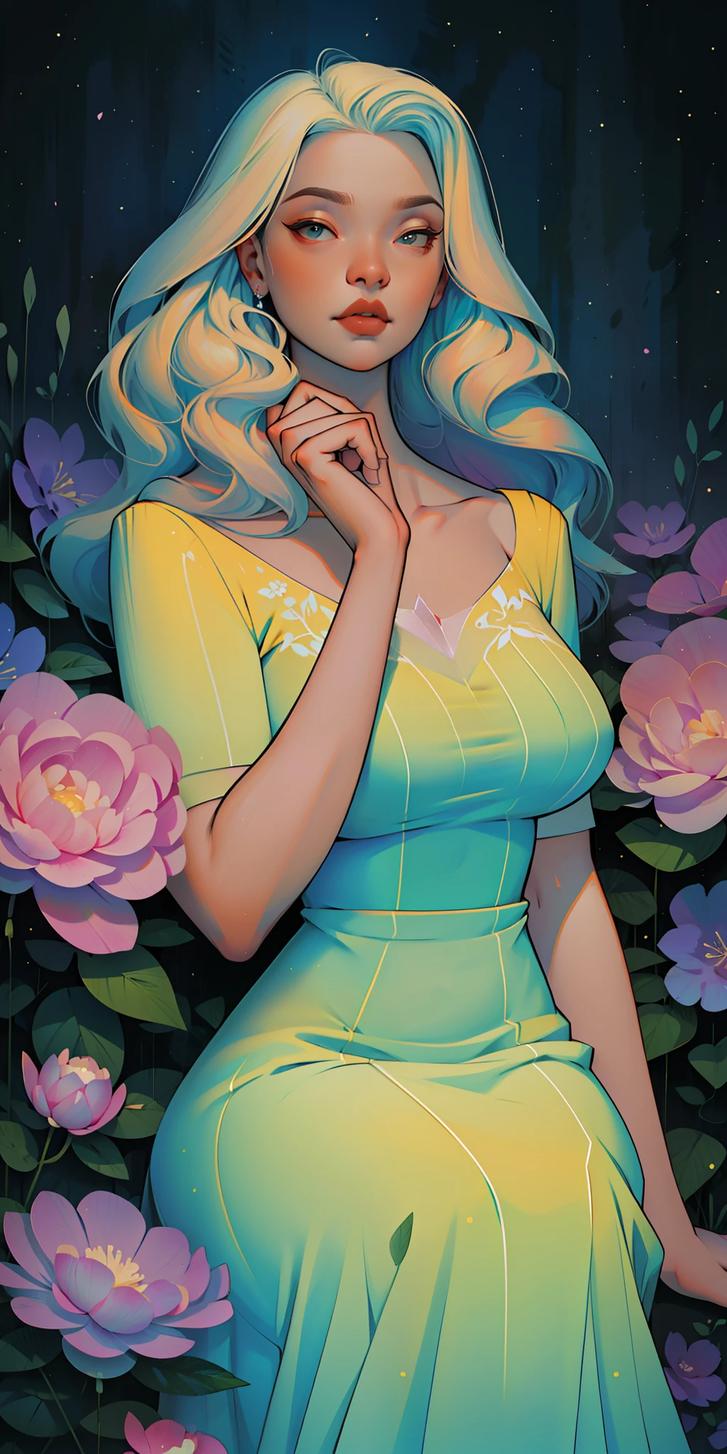 A glorious sunrise, aura, glow, aurora, Spectrum Rainbow, portal, in chic lavender white mint hair, pastel, mixed-language_SMS, (beautiful and clear background:1.2),, fantastic paintings , olhos altamente detalhados, crystals, cosmos, galaxy, Long Hair, Flora Peony, poppy, hydrangea, Plants, Loving, Love, ultra detailed hair, Best Quality, hig quality, high-resolution, detail enhancement, ((most beautiful image in the world)), Masterpiece, Best Quality, detail enhancement, ((most beautiful image ), Shiny hair, ultra chic transparent fluffy layered dress, Prom, Stampa Flores, art by stjepan sejic, art by j scott campbell, art by guillem march, art by citemer liu, 4k, high-resolution, comic book character, comic, high quality detailed, style of ::2.0 comix illustration style,tatoon style, hig quality, high-resolution, detail enhancement, 8K, HD, detail enhancement, 8K, HDR, Sharp focus, Ultra Detailed, Perfect lighting, Curvy Body, Lush breasts, Curvy hips, Sits