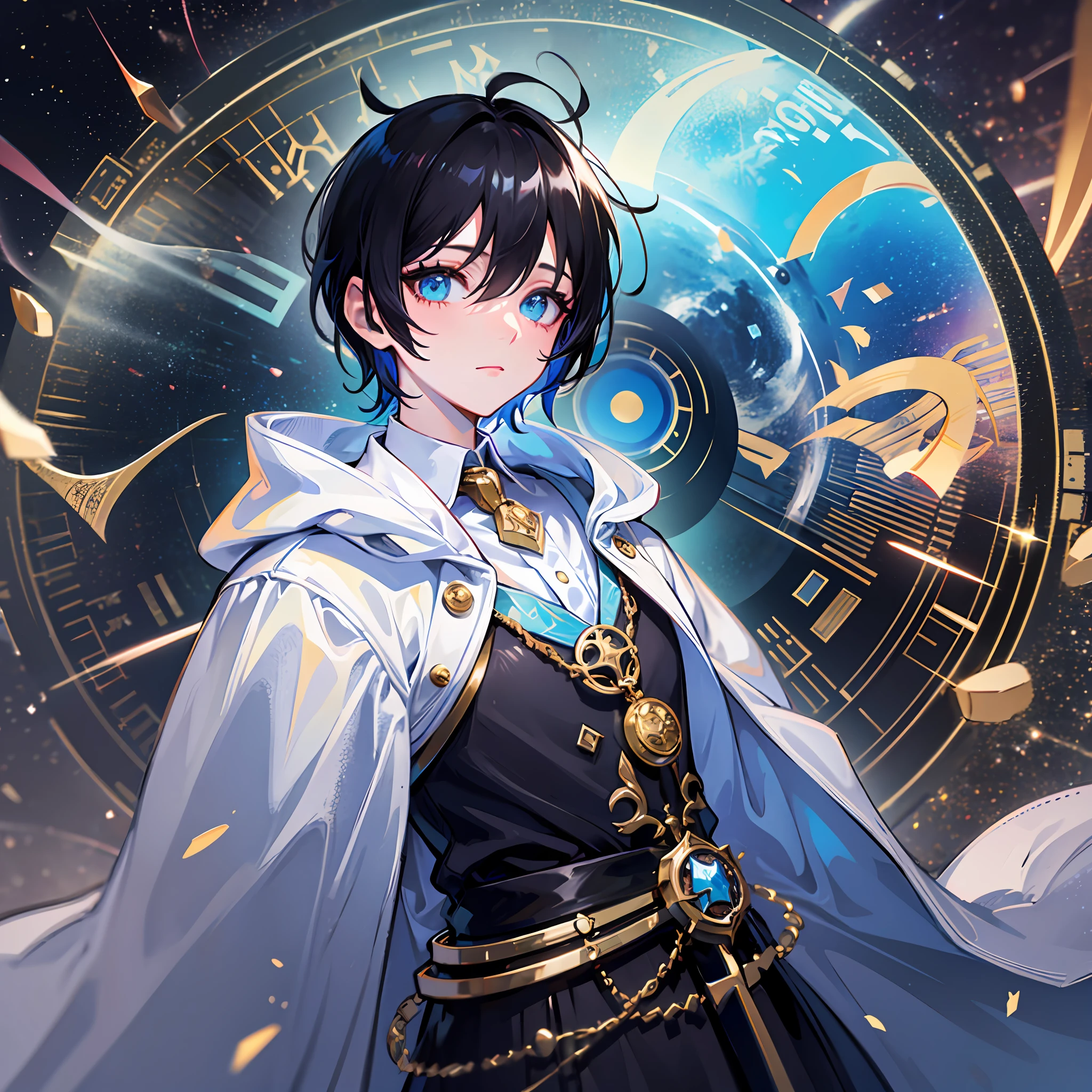 ((the black))Fluffy short hair，Cyan eyes，Libido boy，Blue-white robe，God of time and space，Magic Light Wheel，Space-time elements，Eyes gaze，Pay attention to detail，HighestQuali，with short black hair