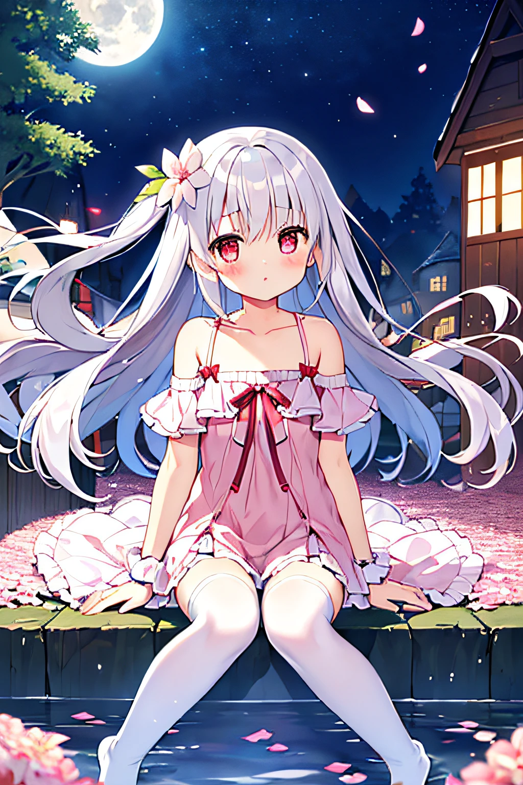 (sitting),(bow),(silver hair),(long hair),(light red eyes),hreat in the eyes,(white fourpetal flower hair ornament:1.1),(blush),bangs,(a girl in[(nightdress):(((no socks))):0.4]:1.2),(bare shoulder),collarbone,(white thighhighs:1.2),frilled sleeves,looking at viewer,[(night:1.2),peaceful,sky,((full moon)),stars,house,town,(in a courtyard),water drop,pond,(near by the pond),tree,flower request,wind::0.6],(lridescent light refraction),(floating pink petals:1.2),dreamy
