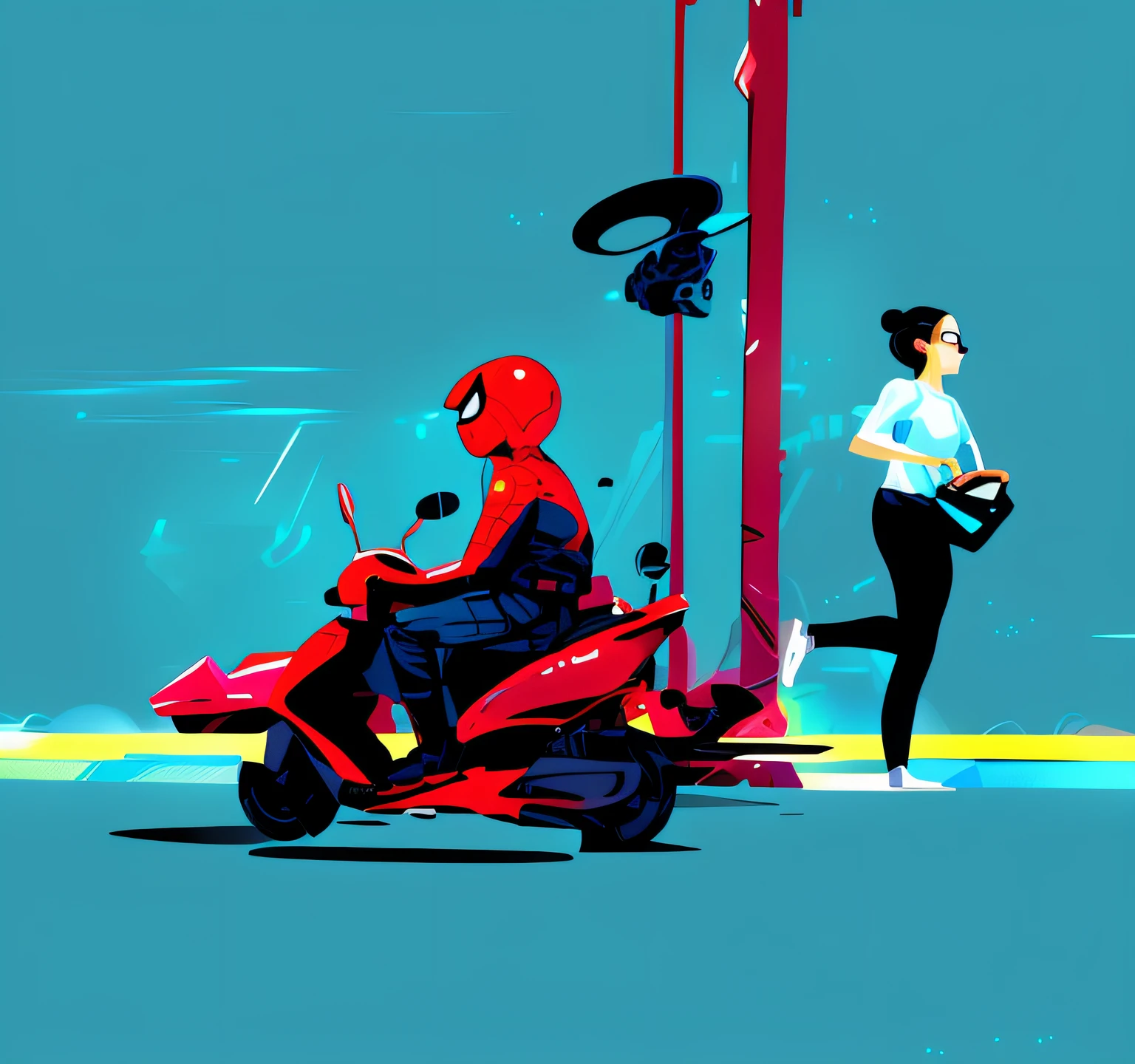 Spider-Man rides a scooter down the street, author:Zhang Shengqi, 2 d illustration, 2D illustration, author:Russell Dongjun Lu, a beautiful artwork illustration, low detailed. Digital painting, in style of digital illustration, guviz style artwork, author:Lee Jeon-suk, Stylized digital illustration
